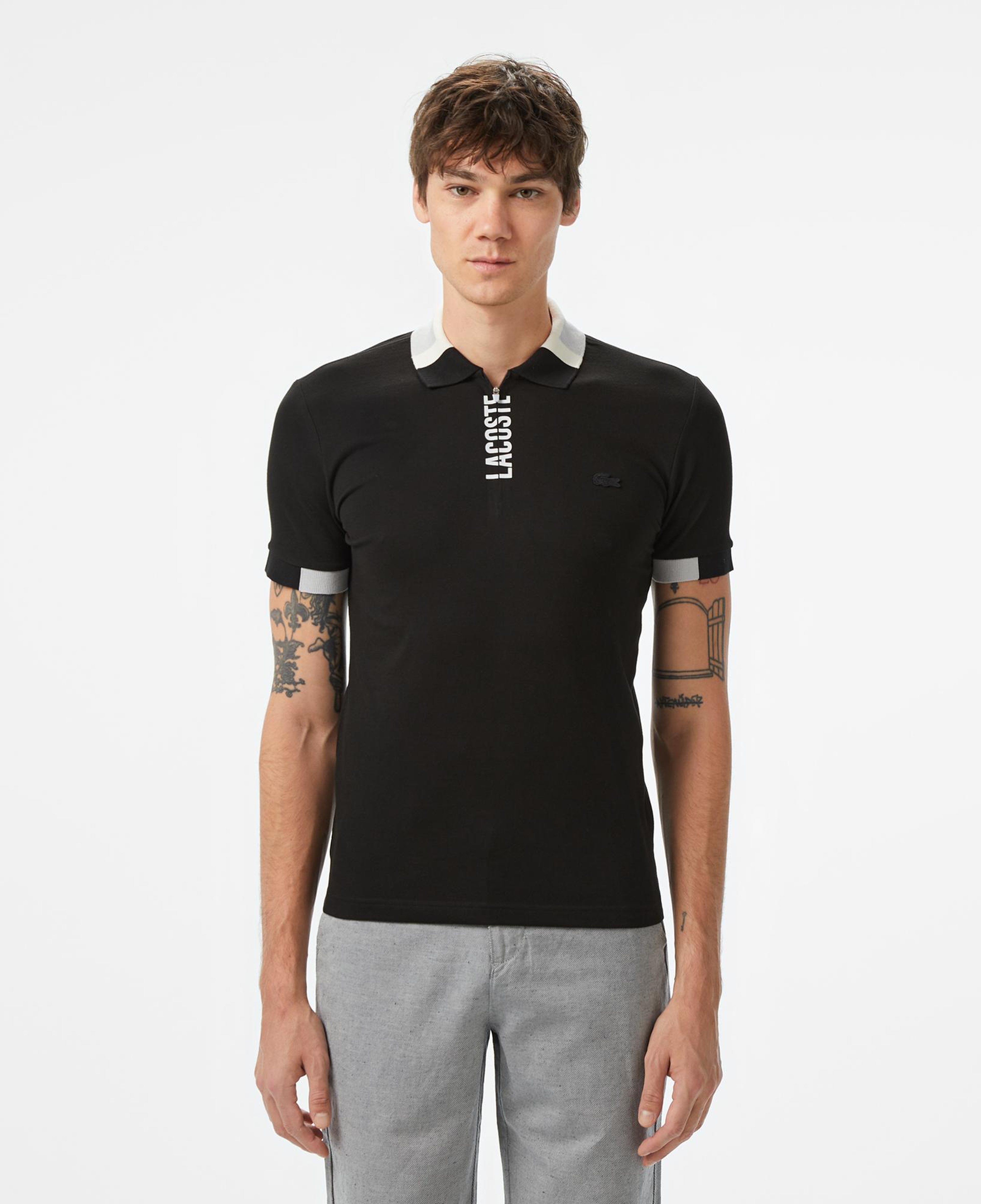 Erkek Regular Fit Yarım Fermuarlı Baskılı Siyah Polo