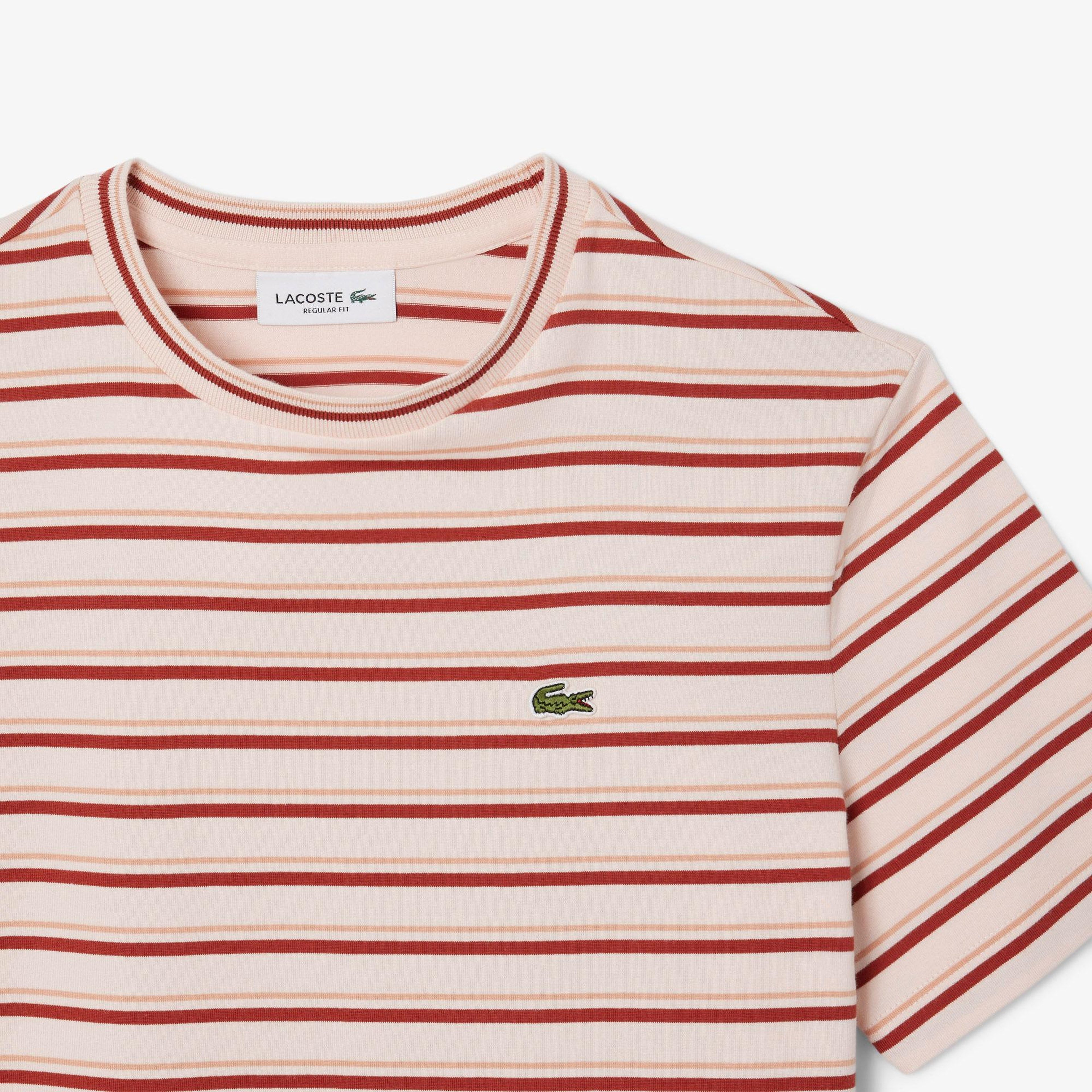 Kadın Regular Fit Bisiklet Yaka Çizgili Bej T-Shirt