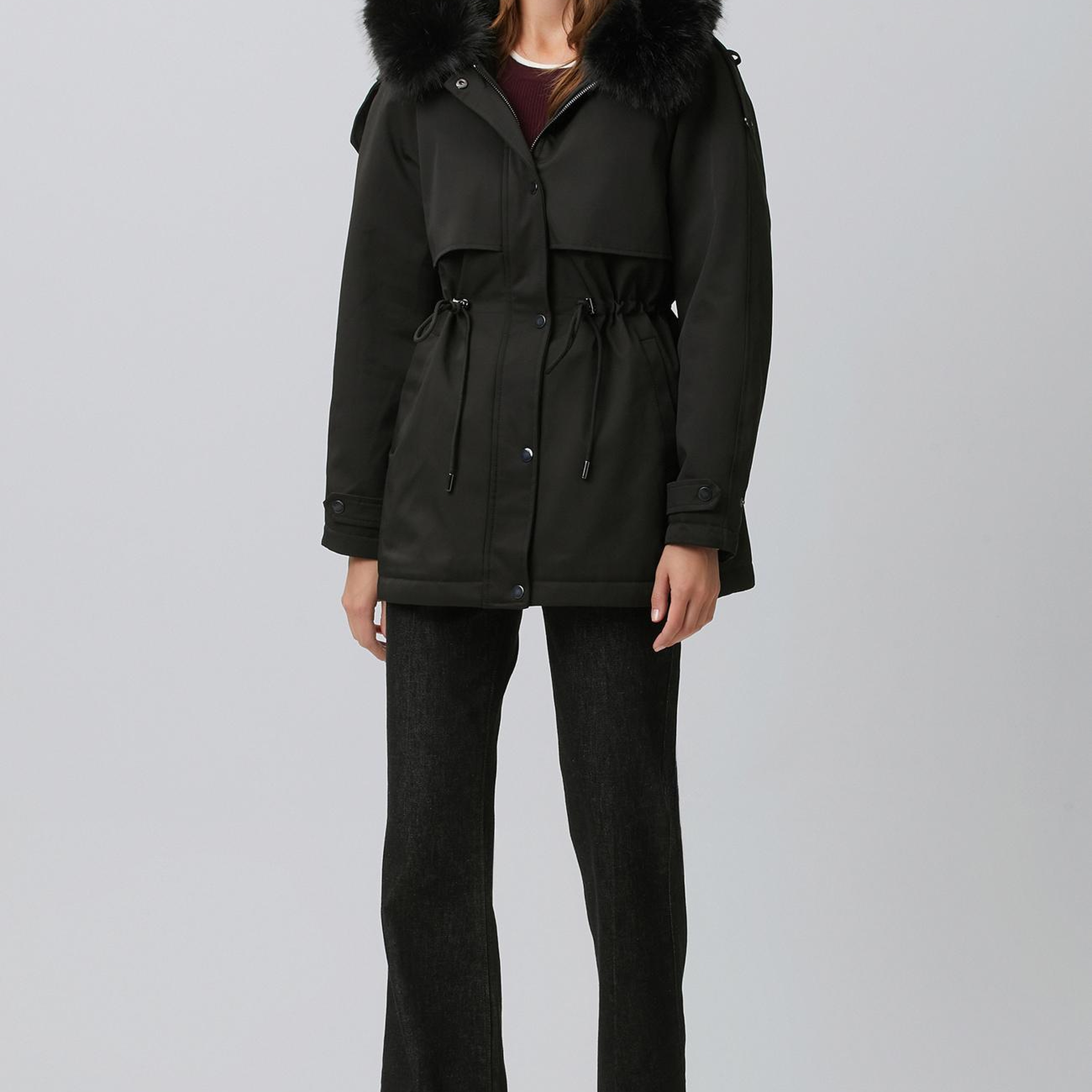 Network Kadın Siyah Kapüşon Yaka Kaban