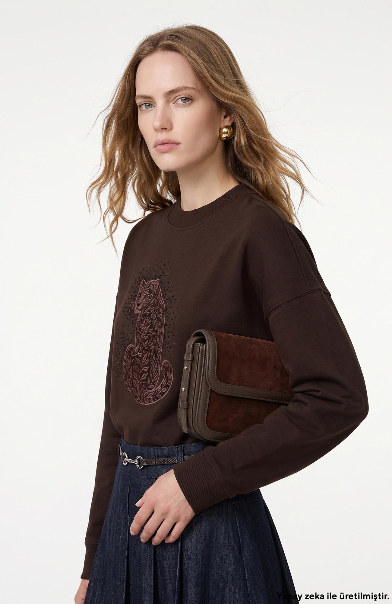 Network Kadın N-Tech Acı Kahve Kaplan Figürlü Sweatshirt