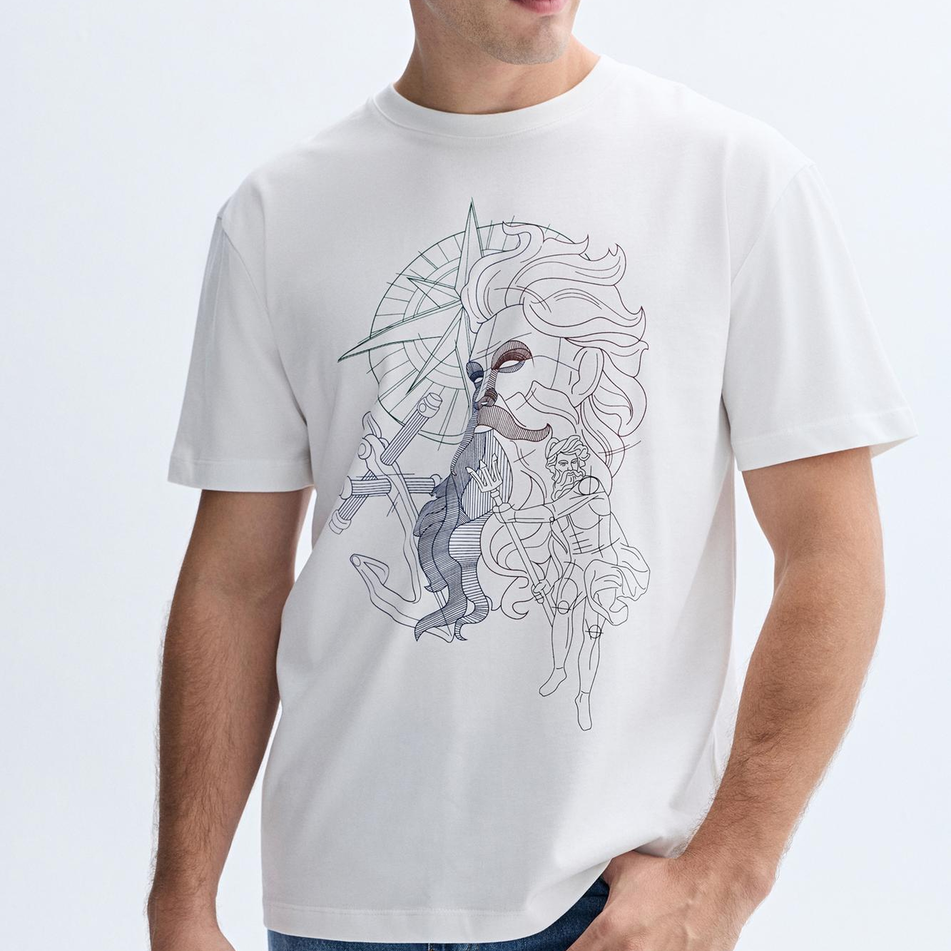 Erkek Kırık Beyaz Comfort Fit Baskılı Bisiklet Yaka T-Shirt