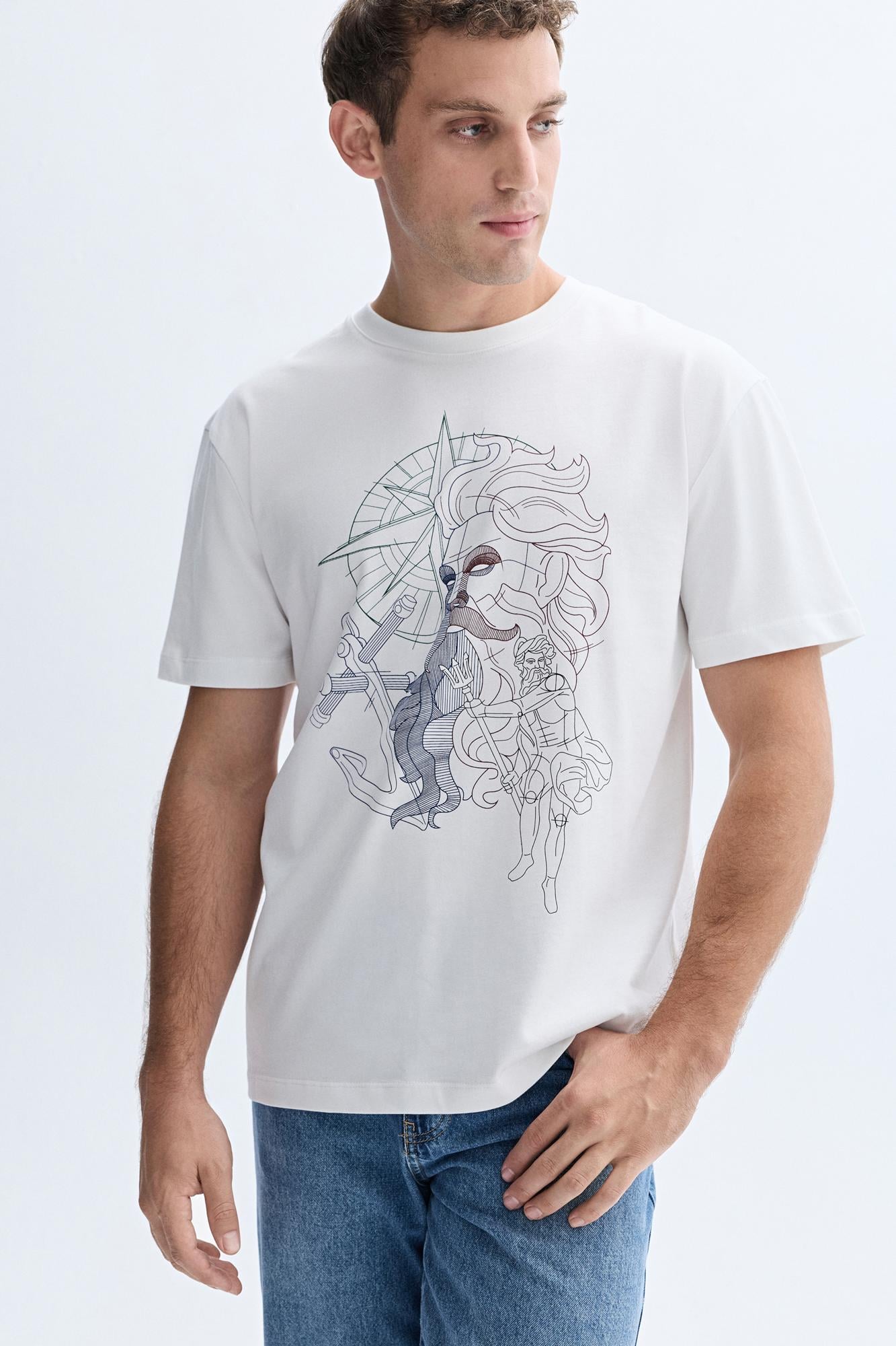 Erkek Kırık Beyaz Comfort Fit Baskılı Bisiklet Yaka T-Shirt