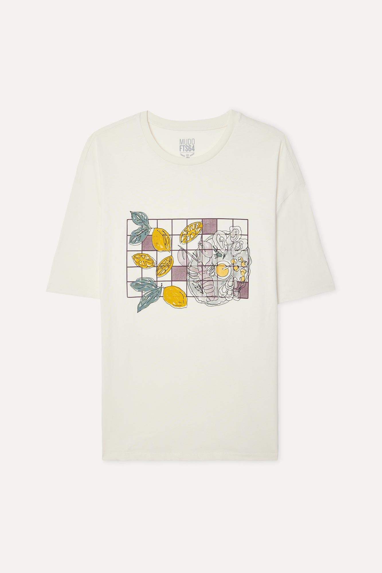 Erkek Kırık Beyaz Baskılı Oversize Bisiklet Yaka T-Shirt