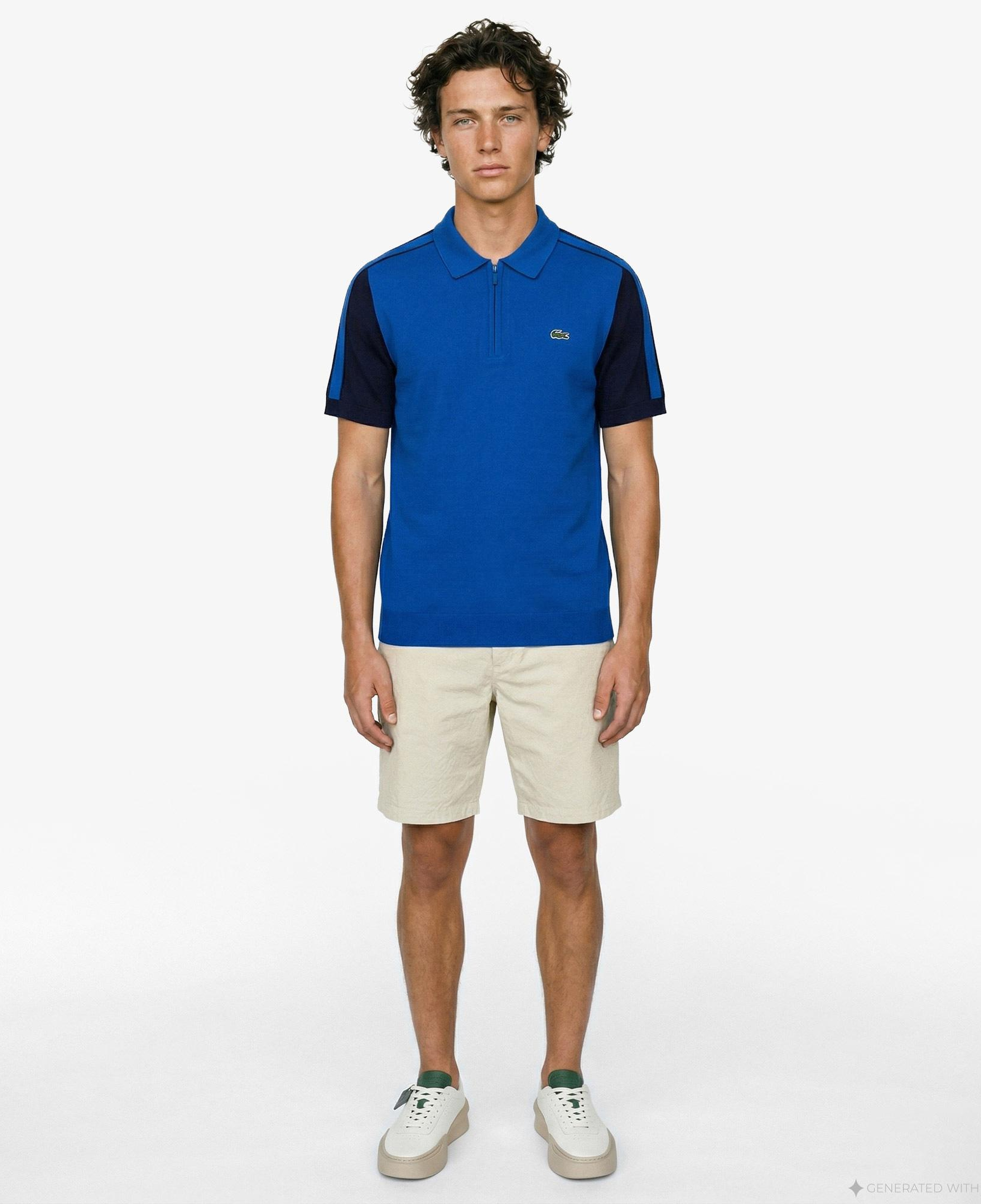 Lacoste Erkek Kısa Kollu Yarım Fermuarlı Renk Bloklu Mavi Triko
