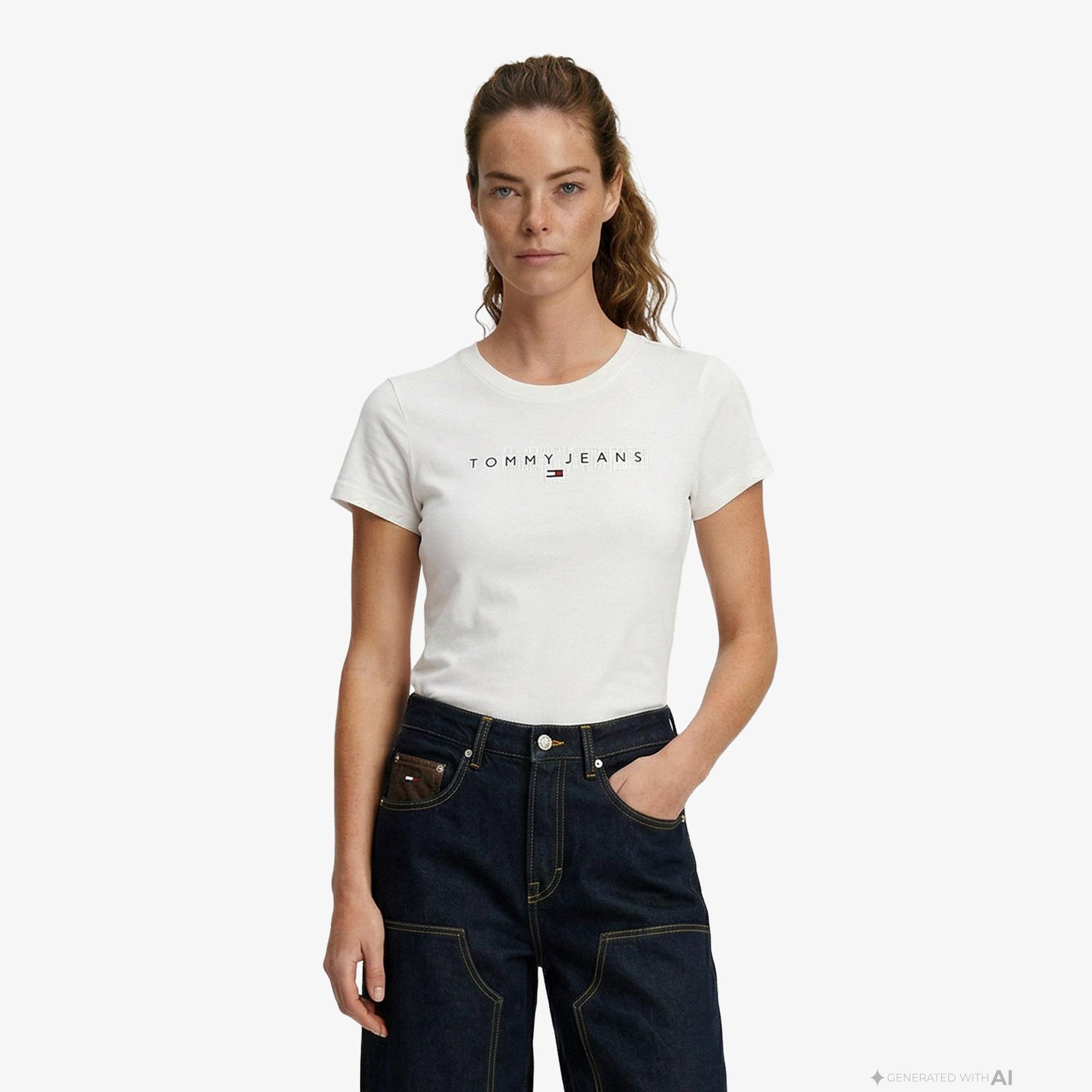 Tommy Hilfiger Linear Kadın Beyaz T-Shirt