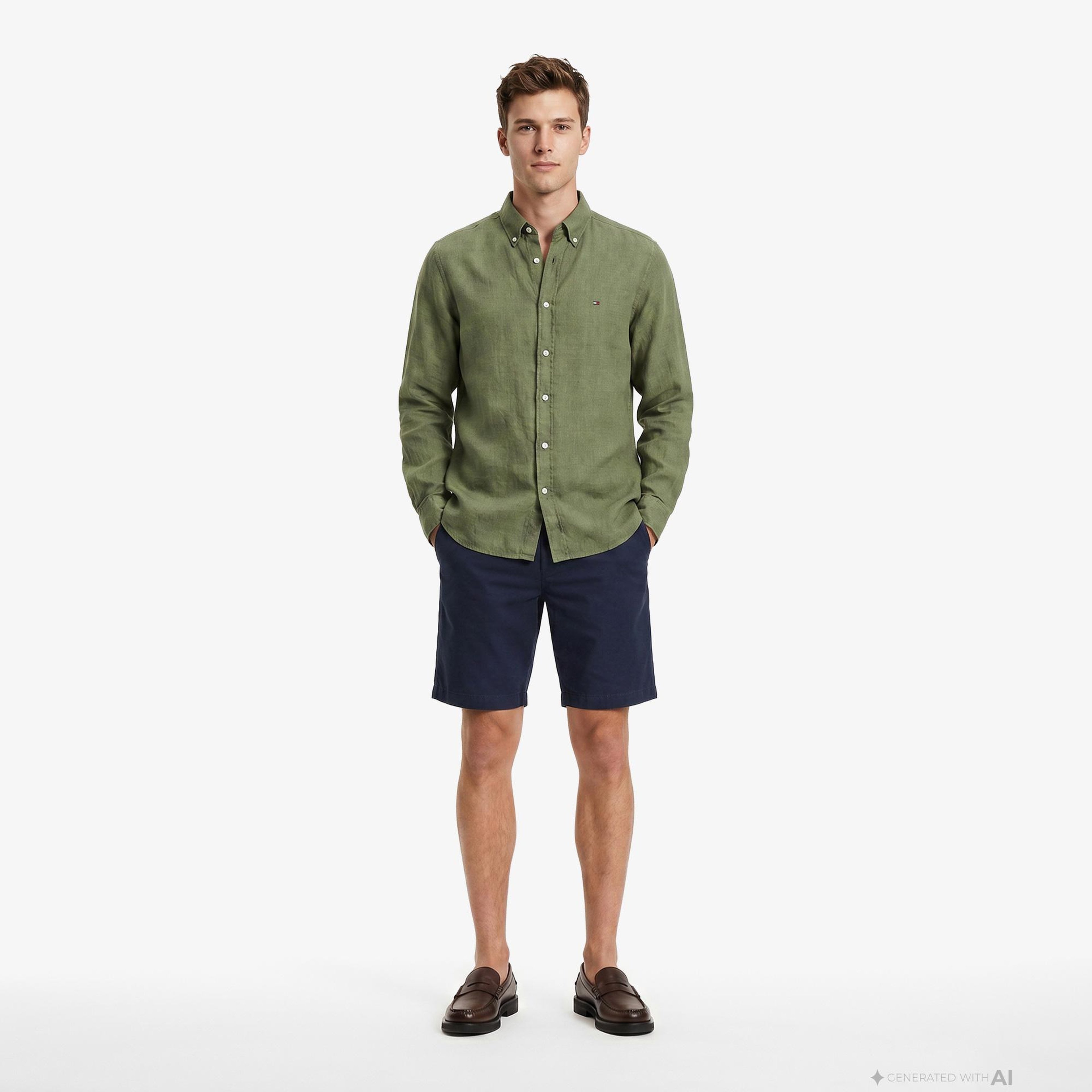 Tommy Hilfiger Seasonal Quality Erkek Yeşil Keten Gömlek