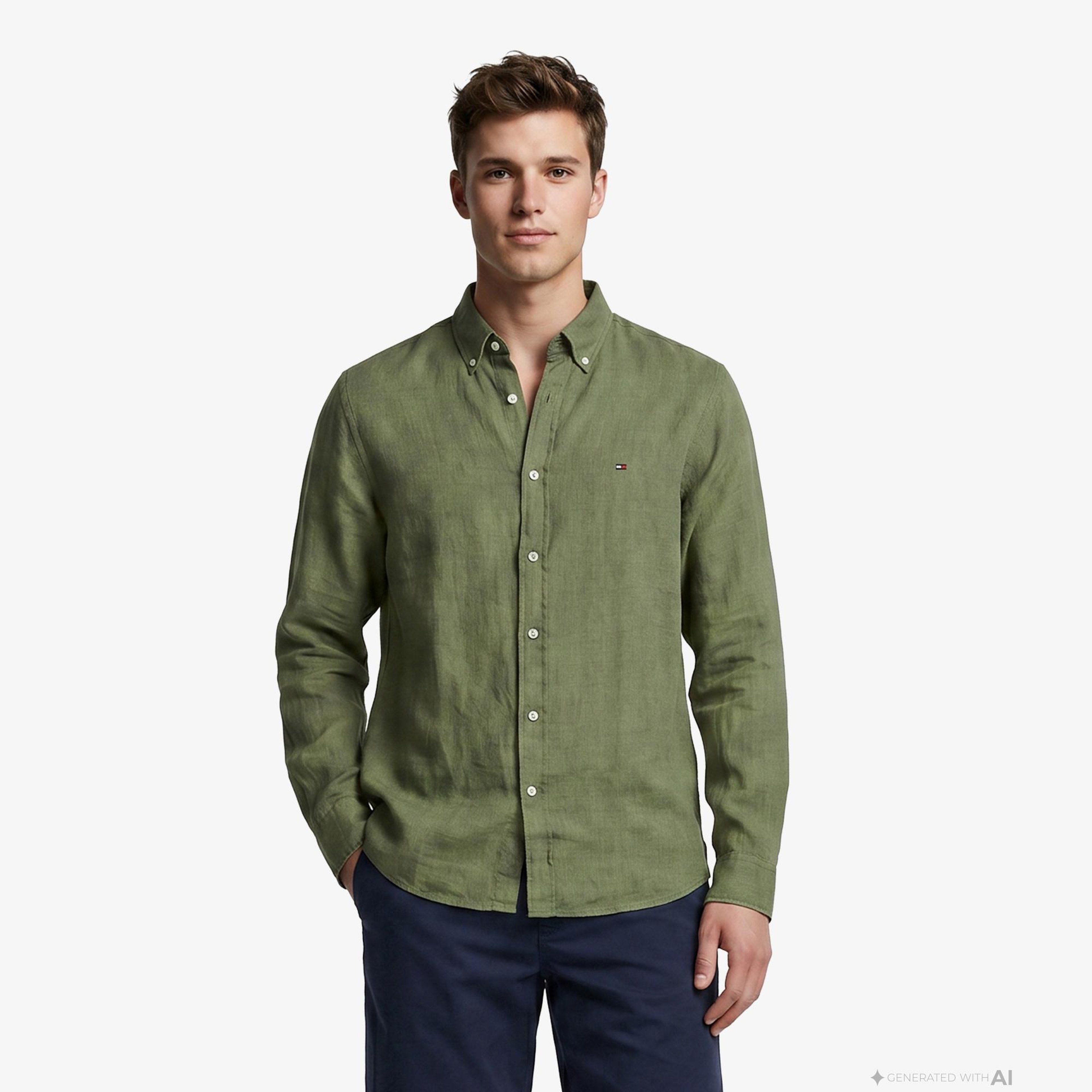 Tommy Hilfiger Seasonal Quality Erkek Yeşil Keten Gömlek