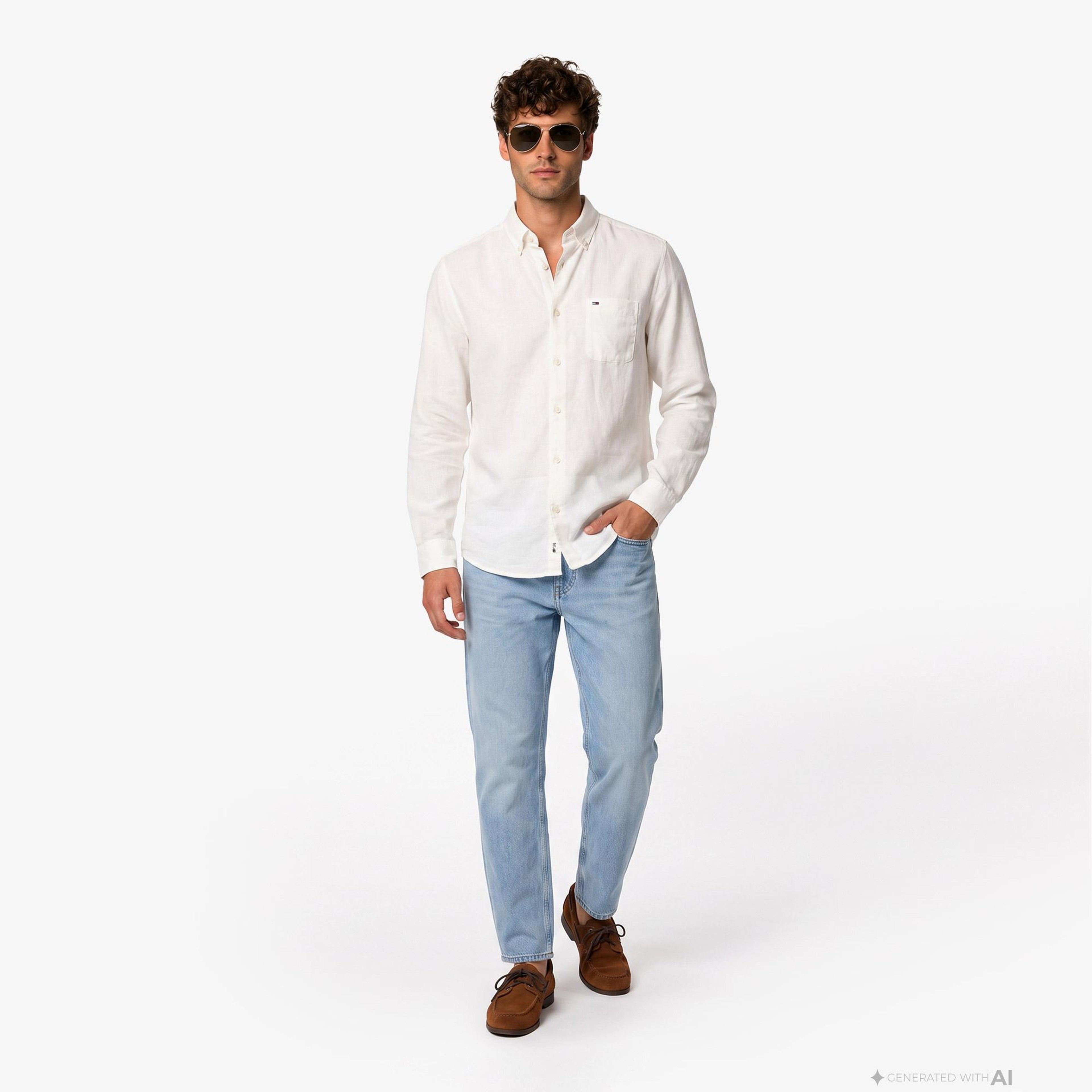 Tommy Hilfiger Erkek Beyaz Keten Gömlek