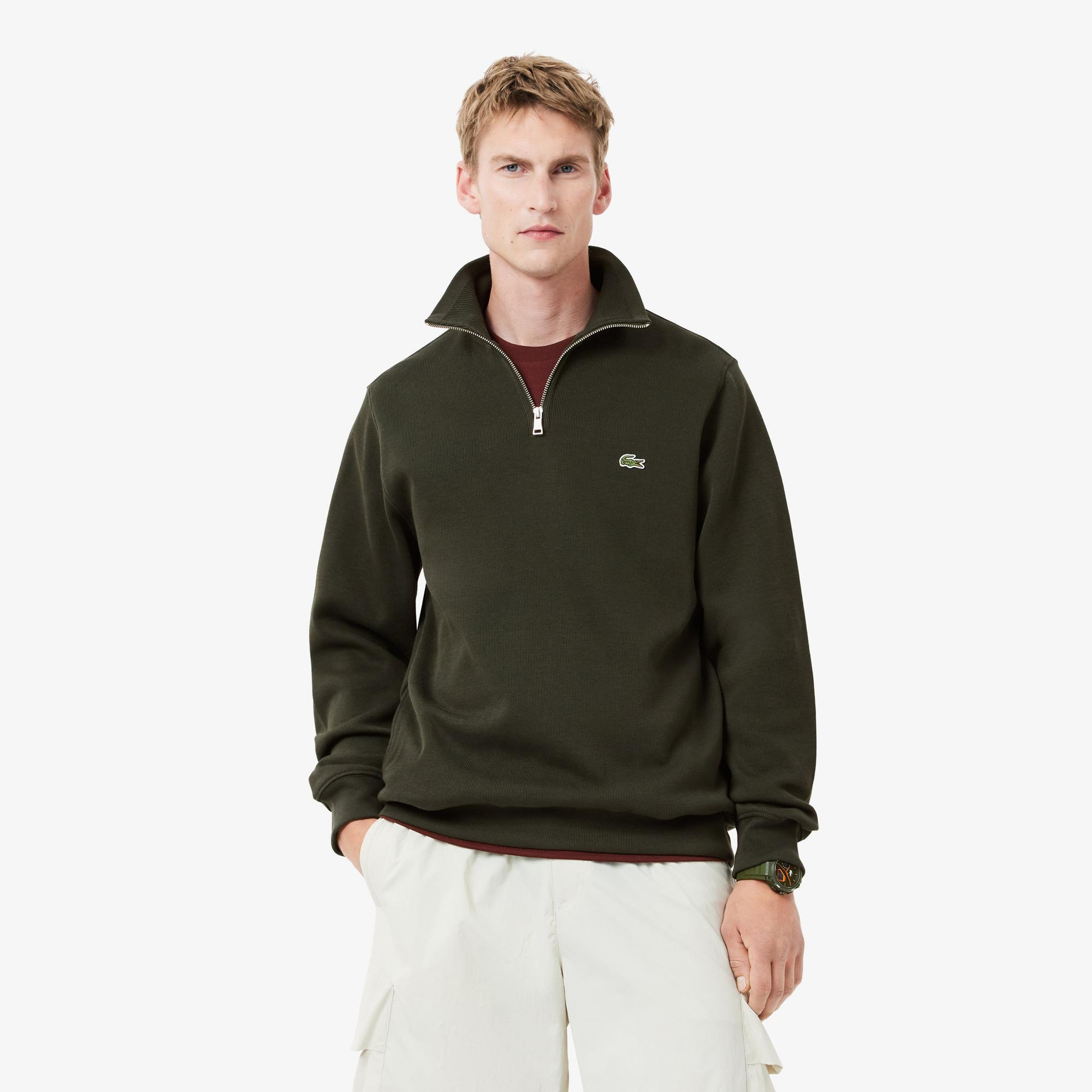 Erkek Classic Fit Yarım Fermuarlı Haki Sweatshirt