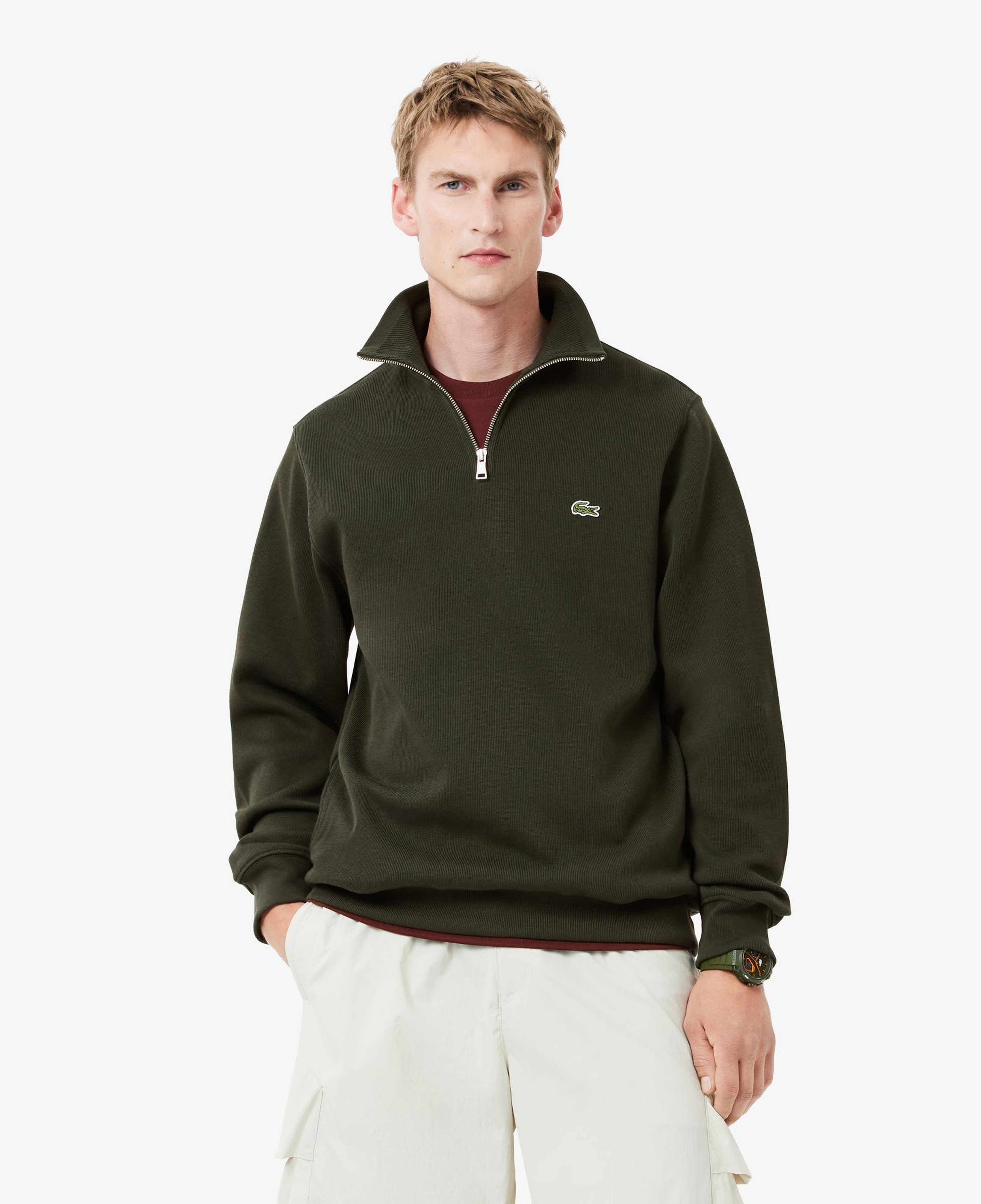 Erkek Classic Fit Yarım Fermuarlı Haki Sweatshirt