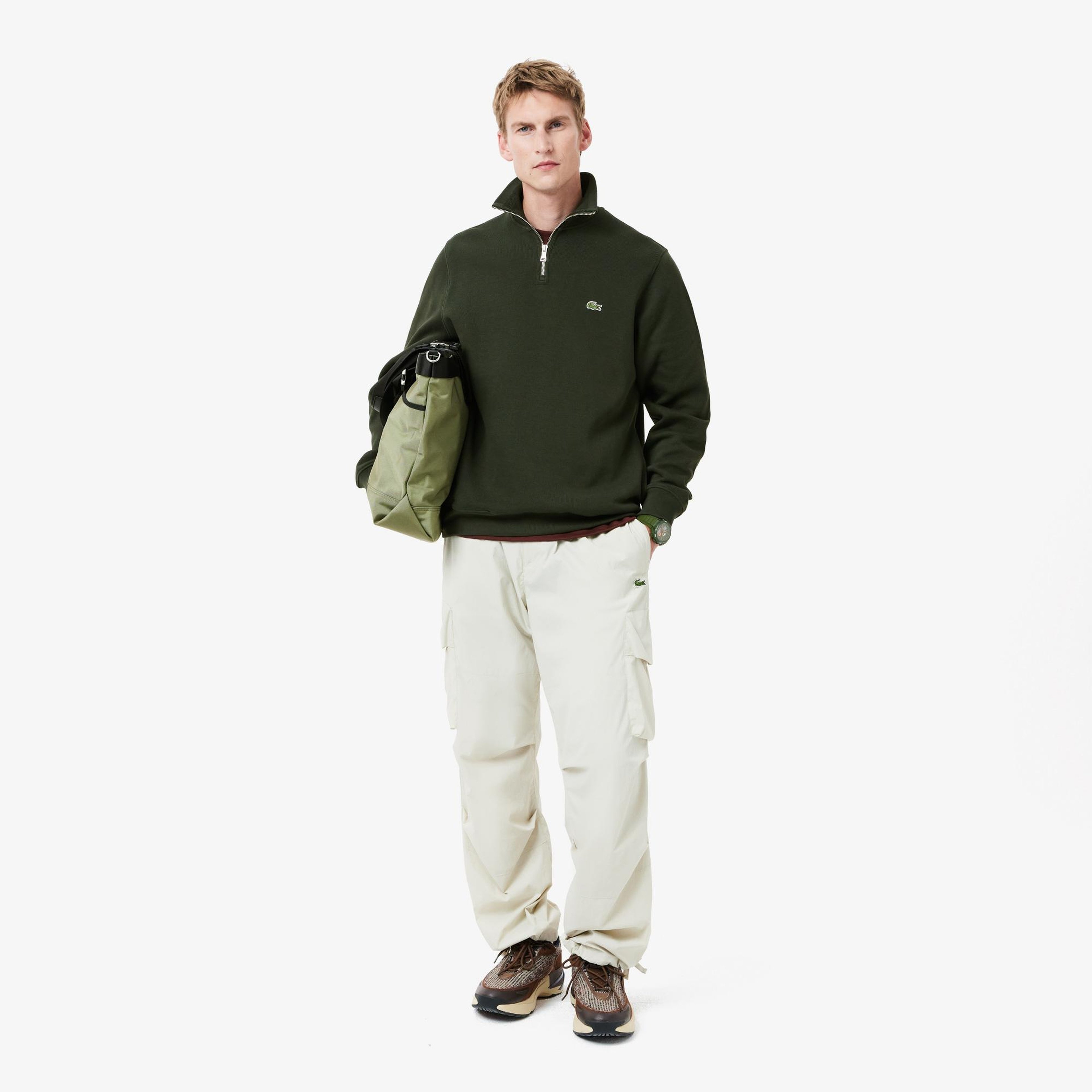 Erkek Classic Fit Yarım Fermuarlı Haki Sweatshirt