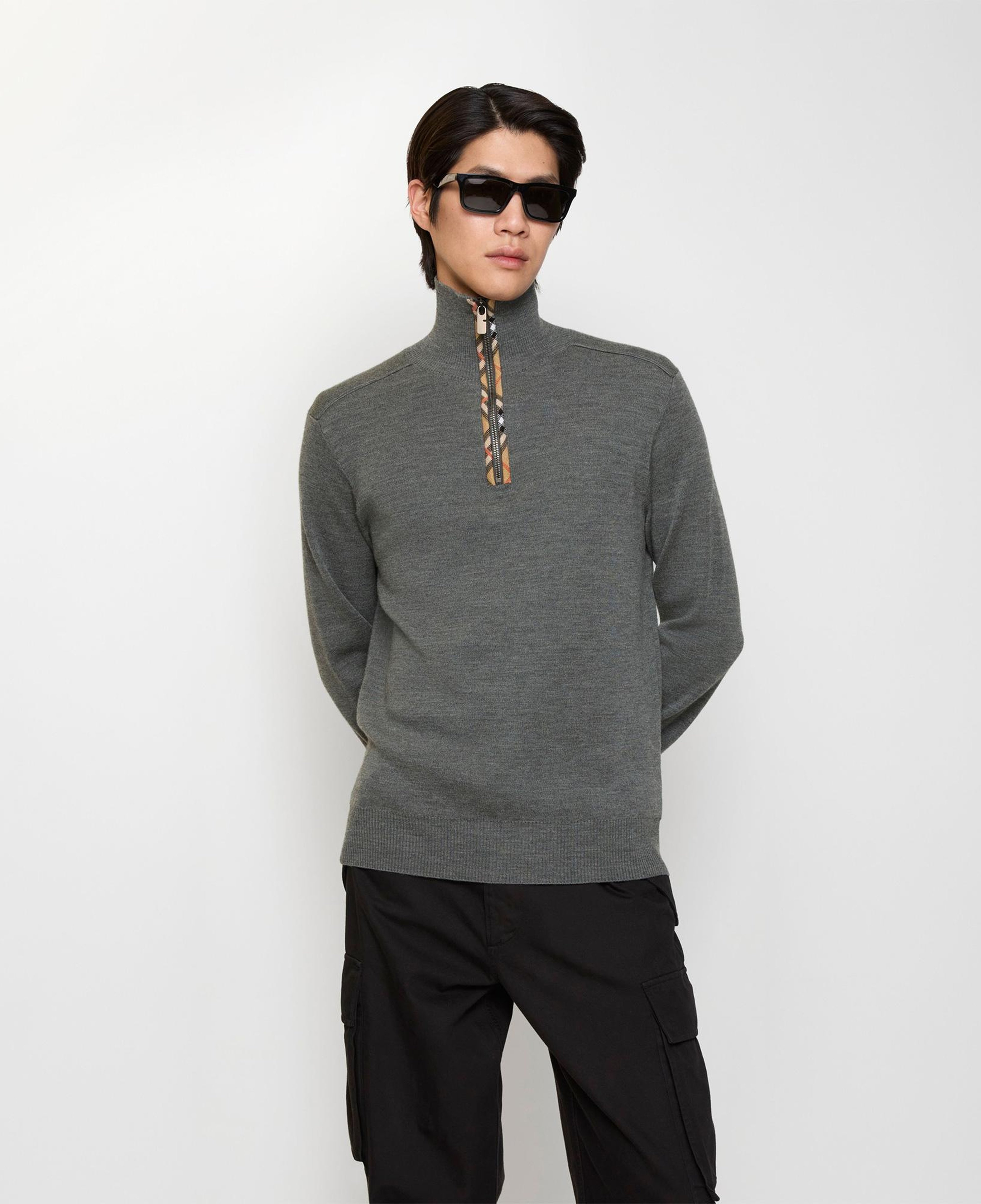 Burberry Check Trim Wool Half-Zip Erkek Gri Trıko