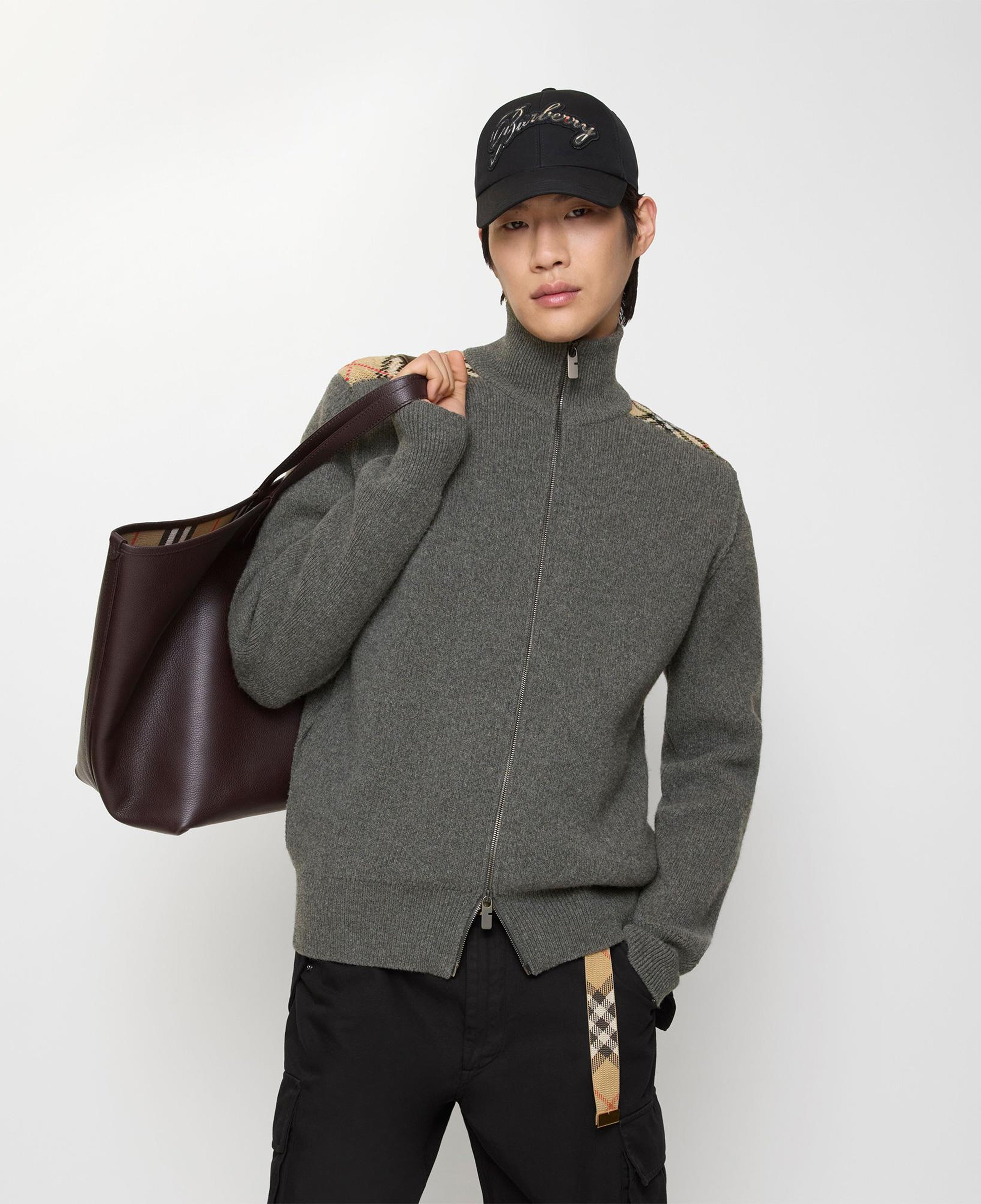 Burberry Check Trim Wool Cashmere Erkek Gri Trıko