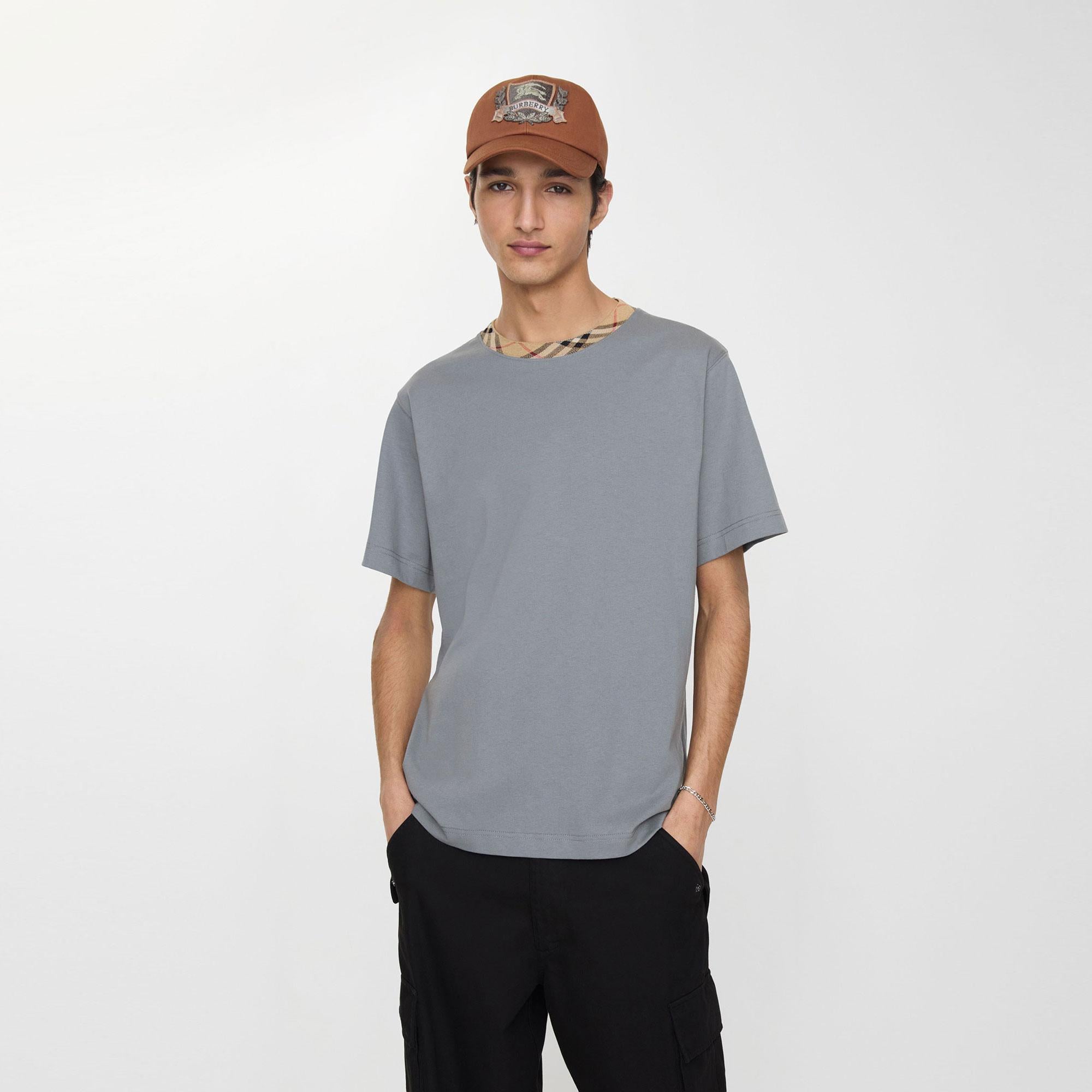 Burberry Check Trim Cotton Erkek Gri T-Shirt