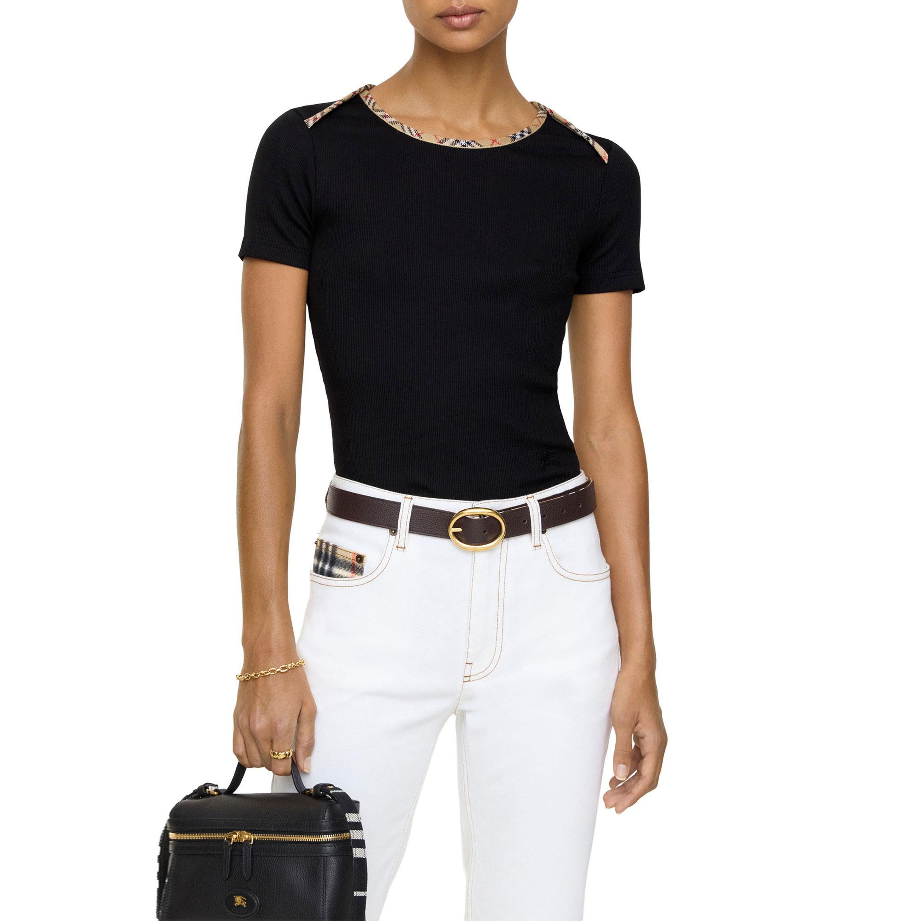 Burberry Check Trim Stretch Cotton Kadın Siyah T-Shirt