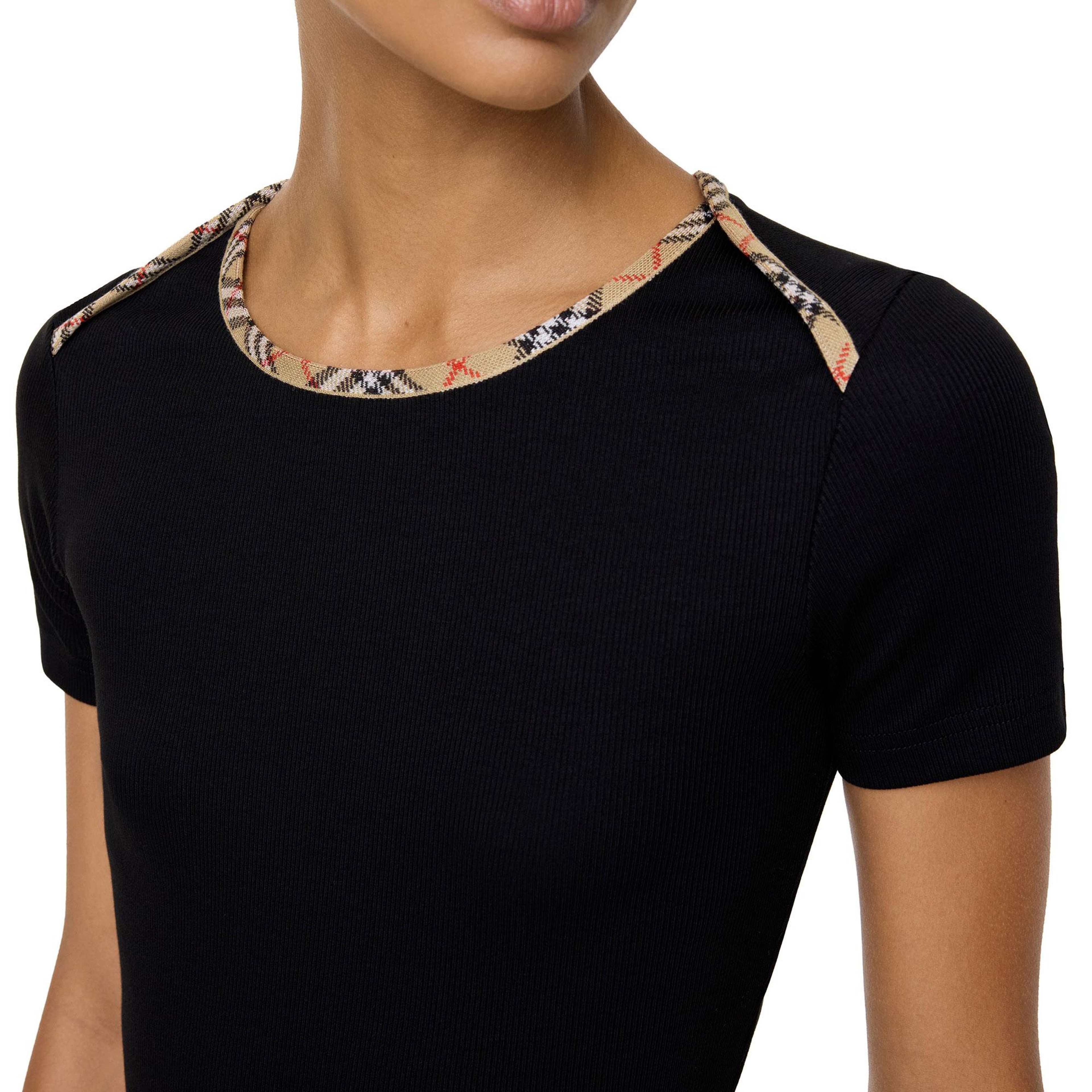 Burberry Check Trim Stretch Cotton Kadın Siyah T-Shirt