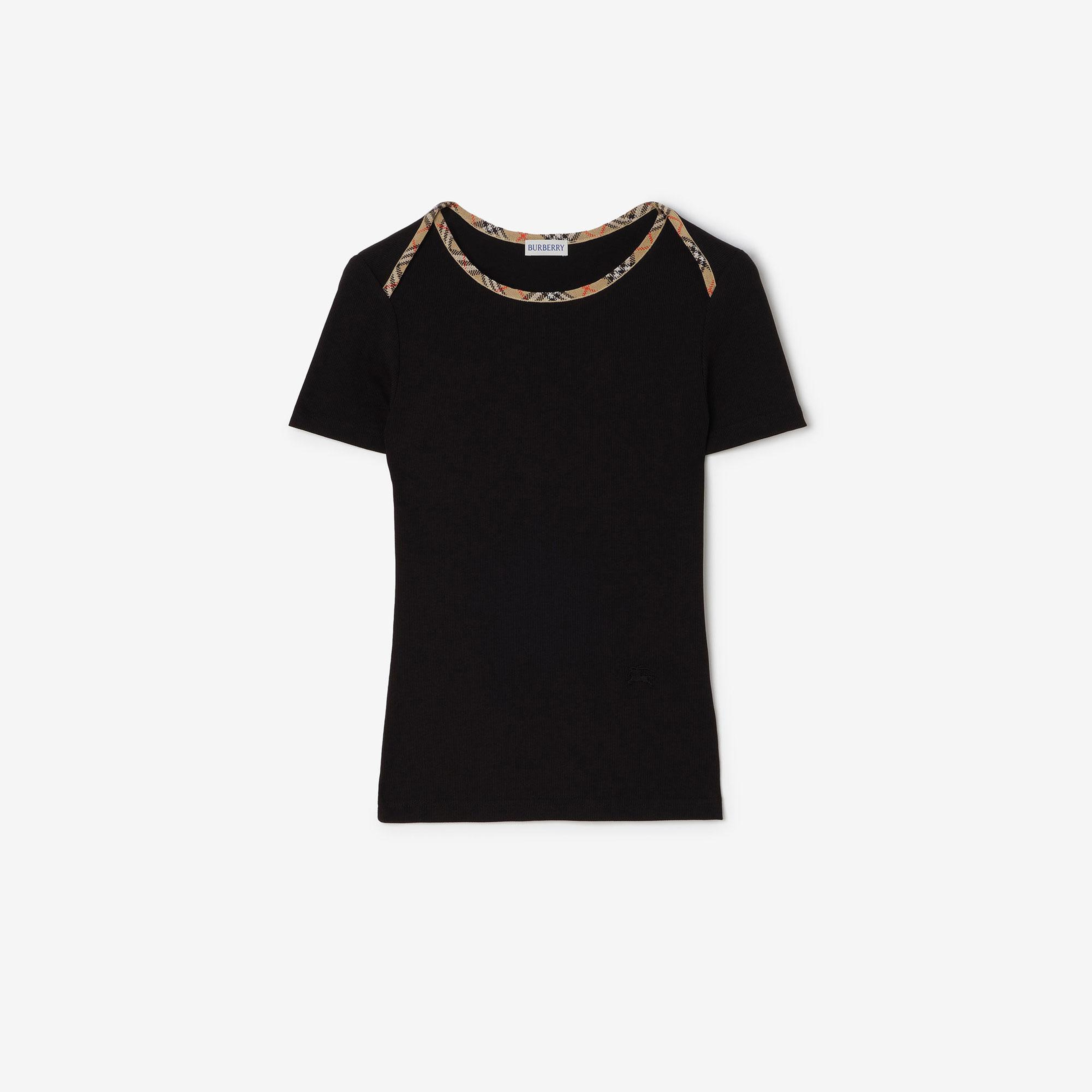 Burberry Check Trim Stretch Cotton Kadın Siyah T-Shirt