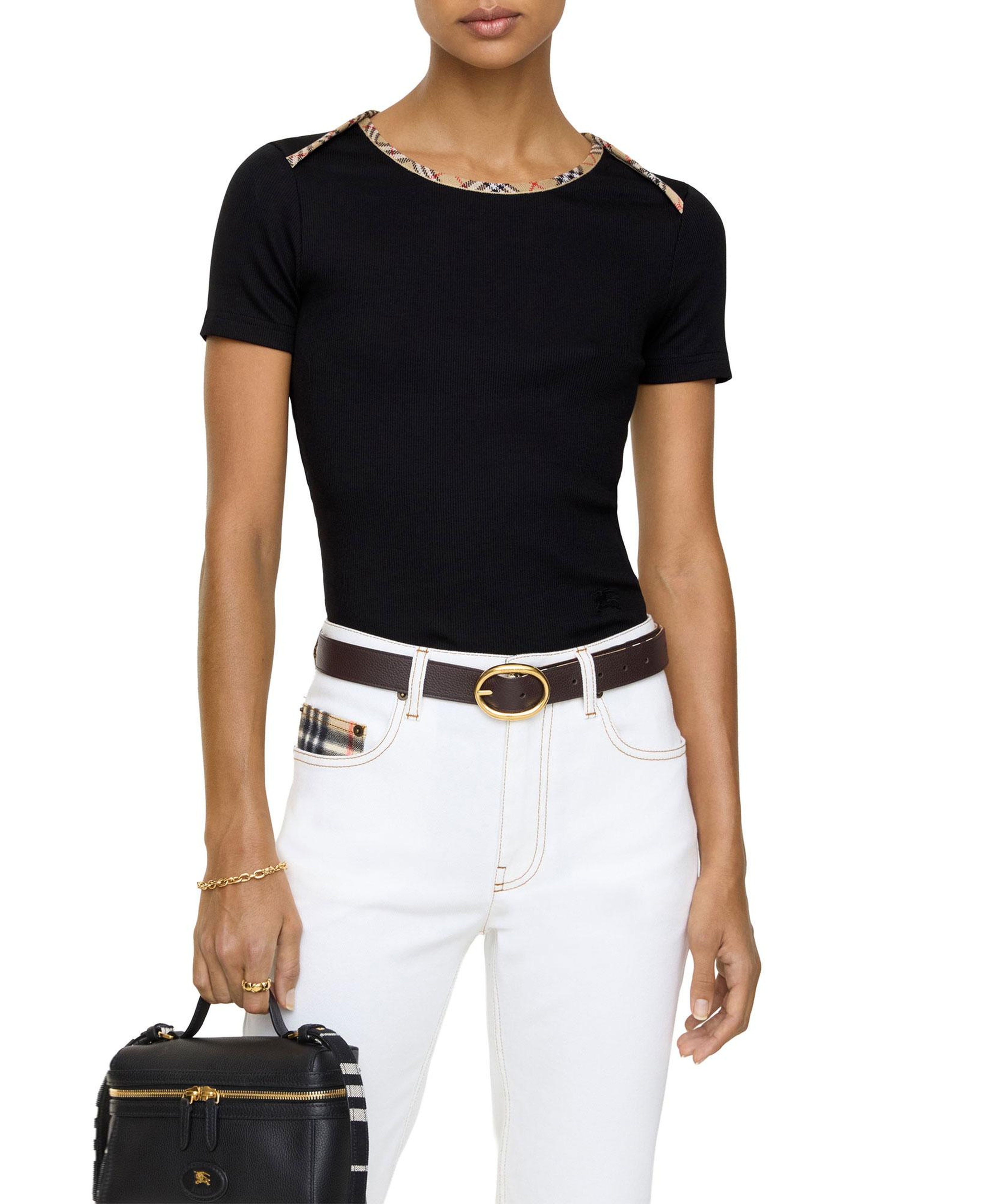 Burberry Check Trim Stretch Cotton Kadın Siyah T-Shirt