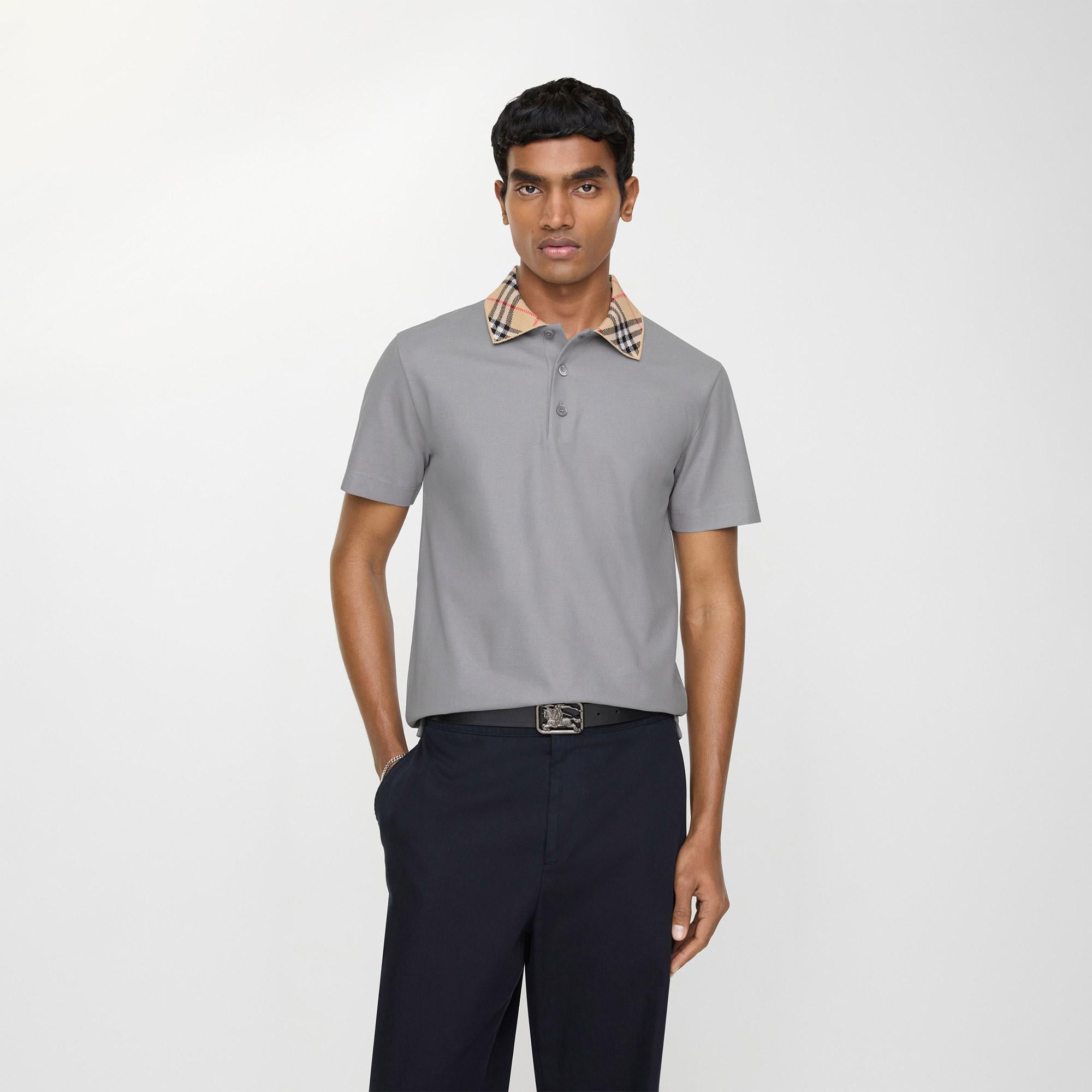 Burberry Check Collar Cotton Erkek Gri Polo