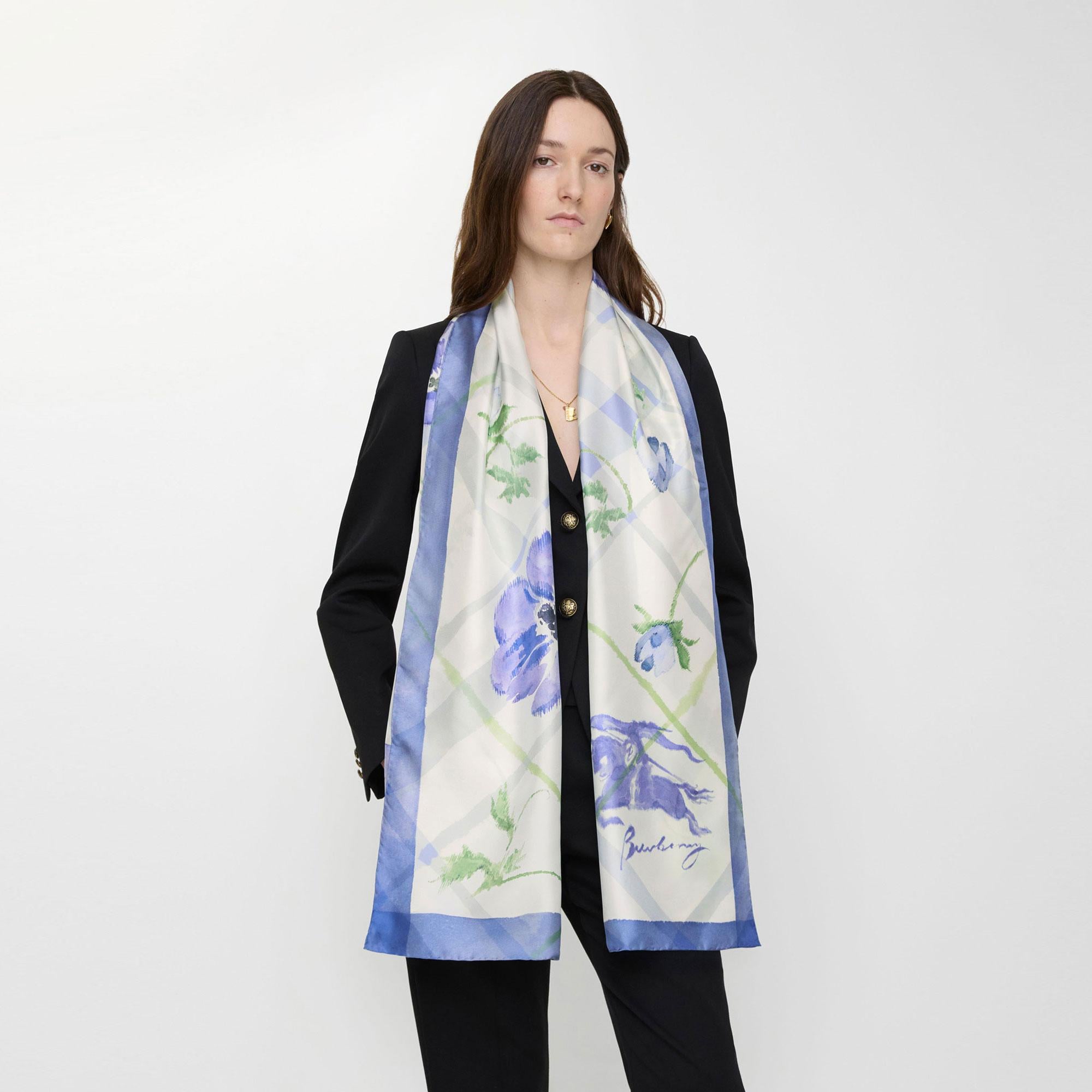 Burberry Wide Watercolour Check Silk Kadın Mavi Eşarp