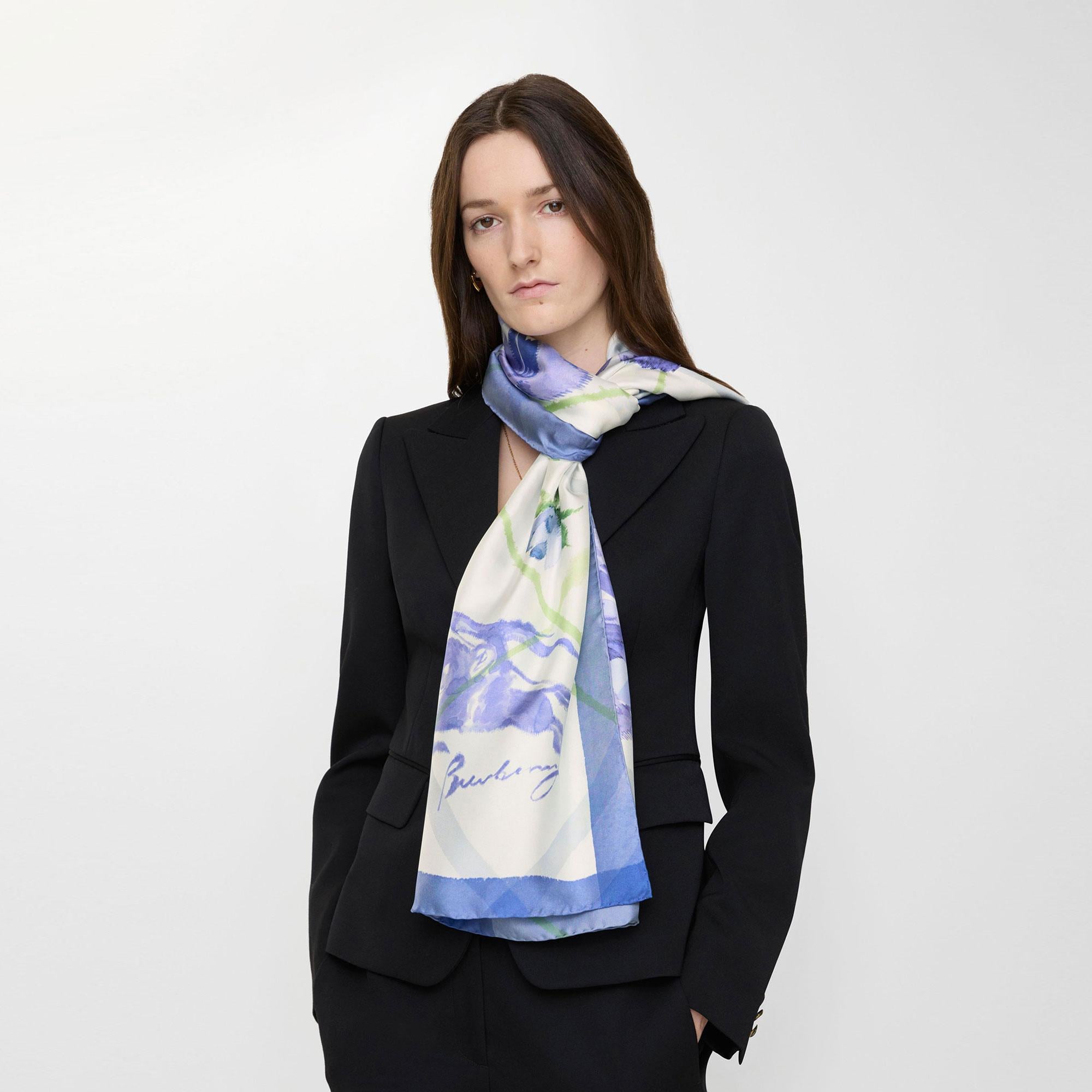 Burberry Wide Watercolour Check Silk Kadın Mavi Eşarp