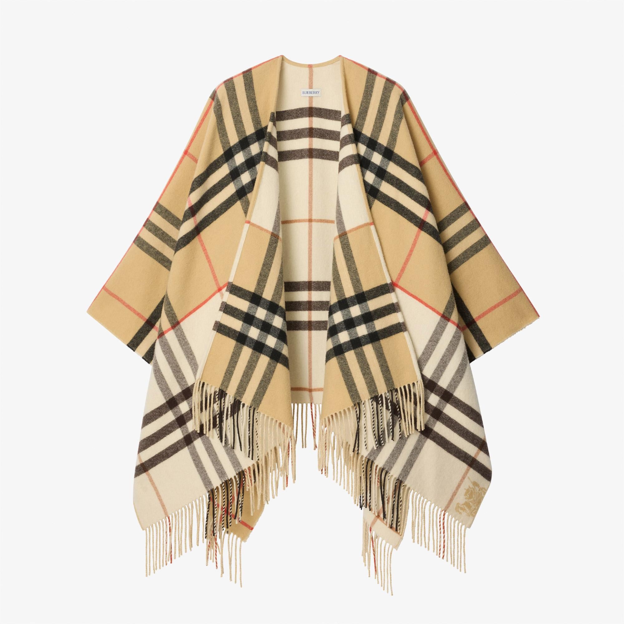 Burberry Contrast Check Cashmere Wool Kadın Krem Rengi Panço
