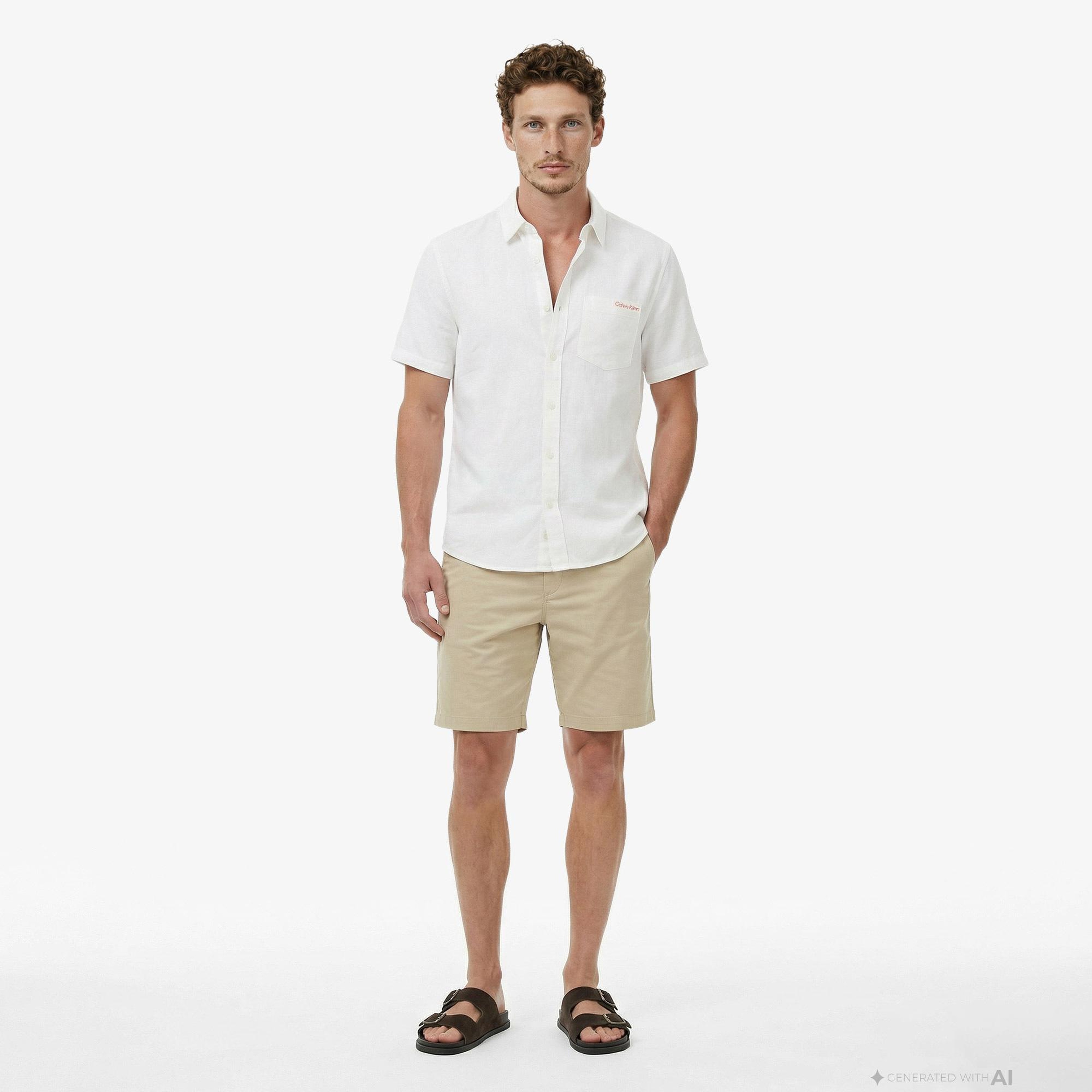 Calvin Klein Solid Causal Classic Erkek Beyaz Keten Gömlek