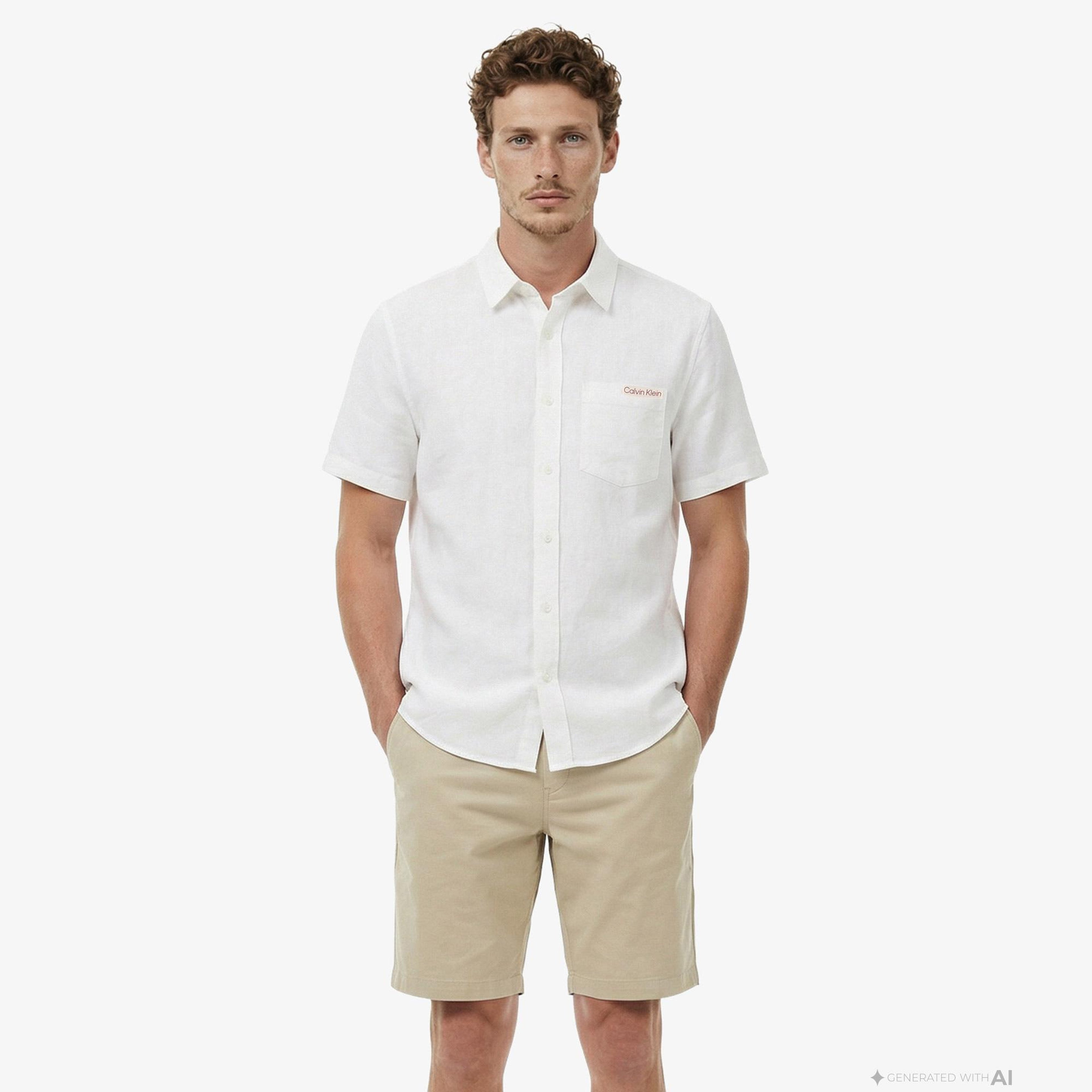 Calvin Klein Solid Causal Classic Erkek Beyaz Keten Gömlek