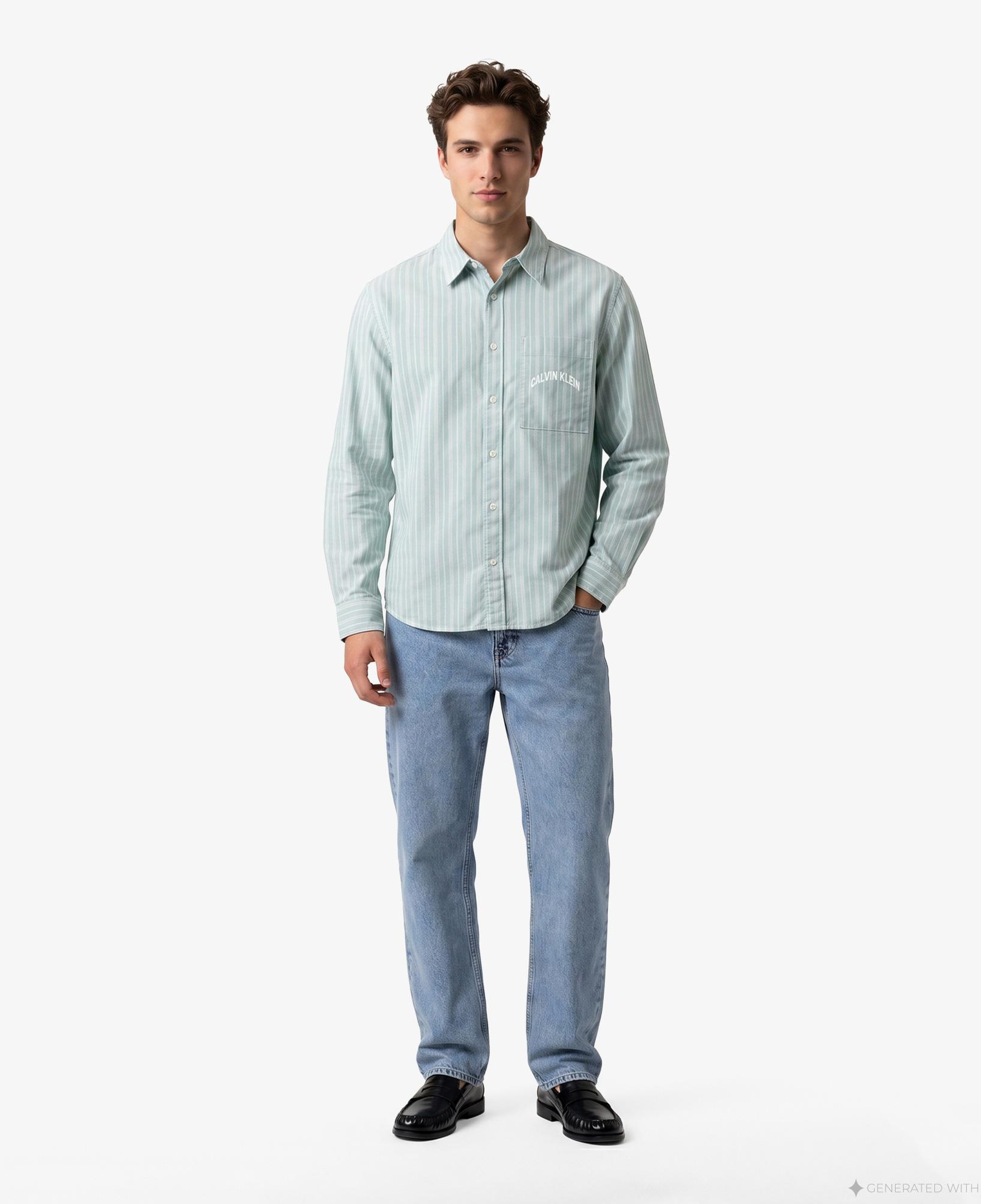 Calvin Klein Stripe Washed Oxford Easy Erkek Yeşil Gömlek