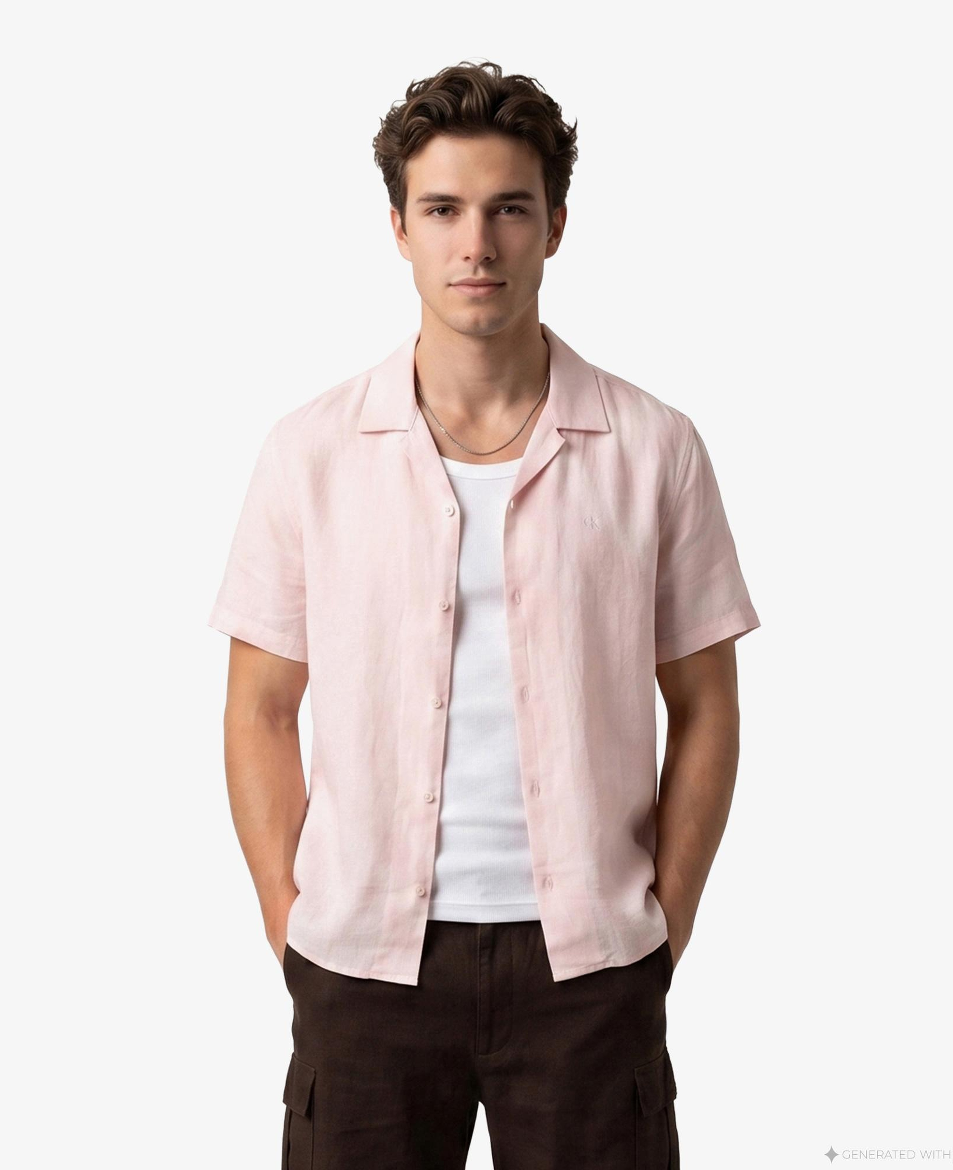 Calvin Klein Camp Collar Solid Class Erkek Turuncu Keten Gömlek