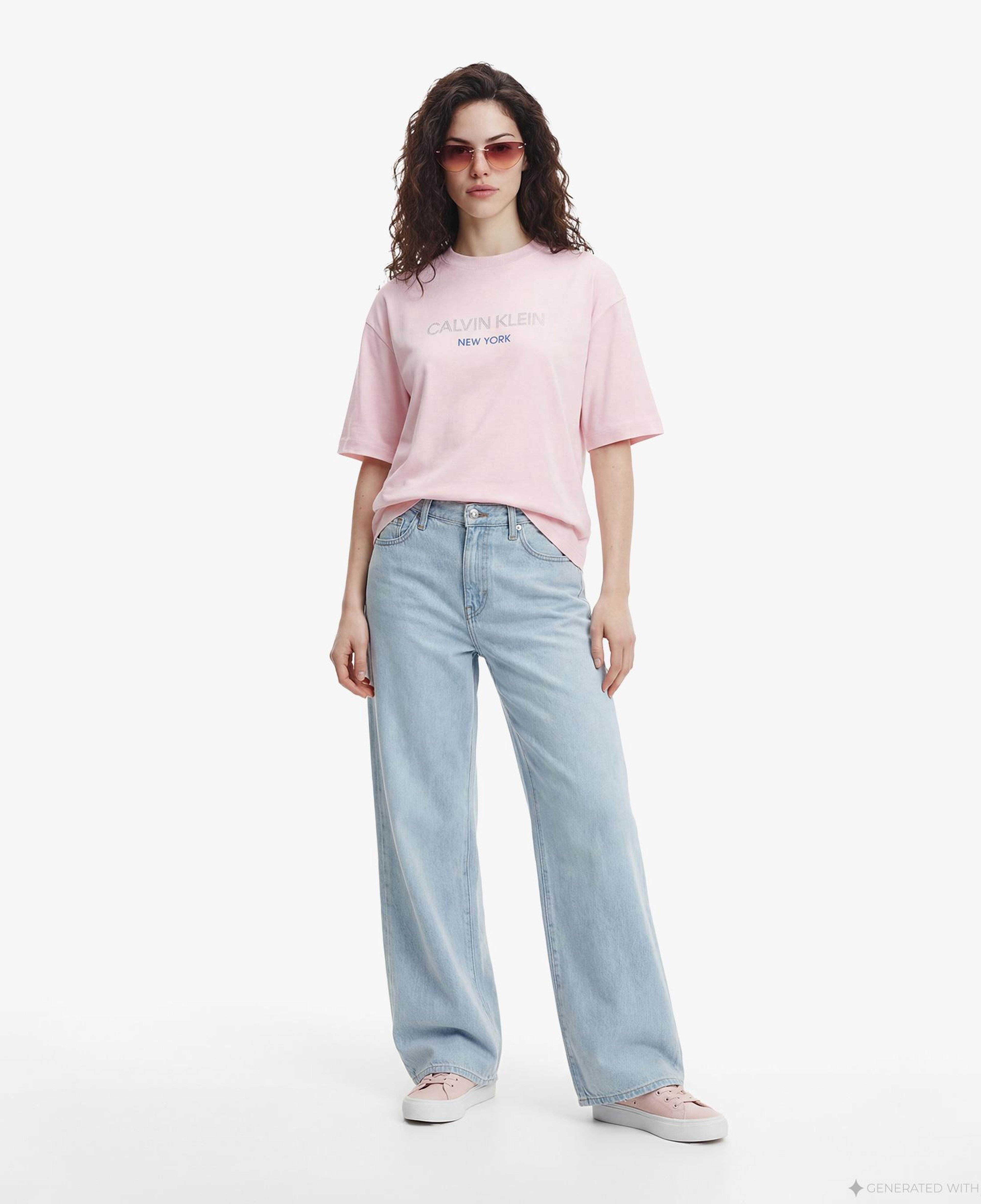 Calvin Klein Relaxed Sequin Logo Kadın Pembe T-Shirt
