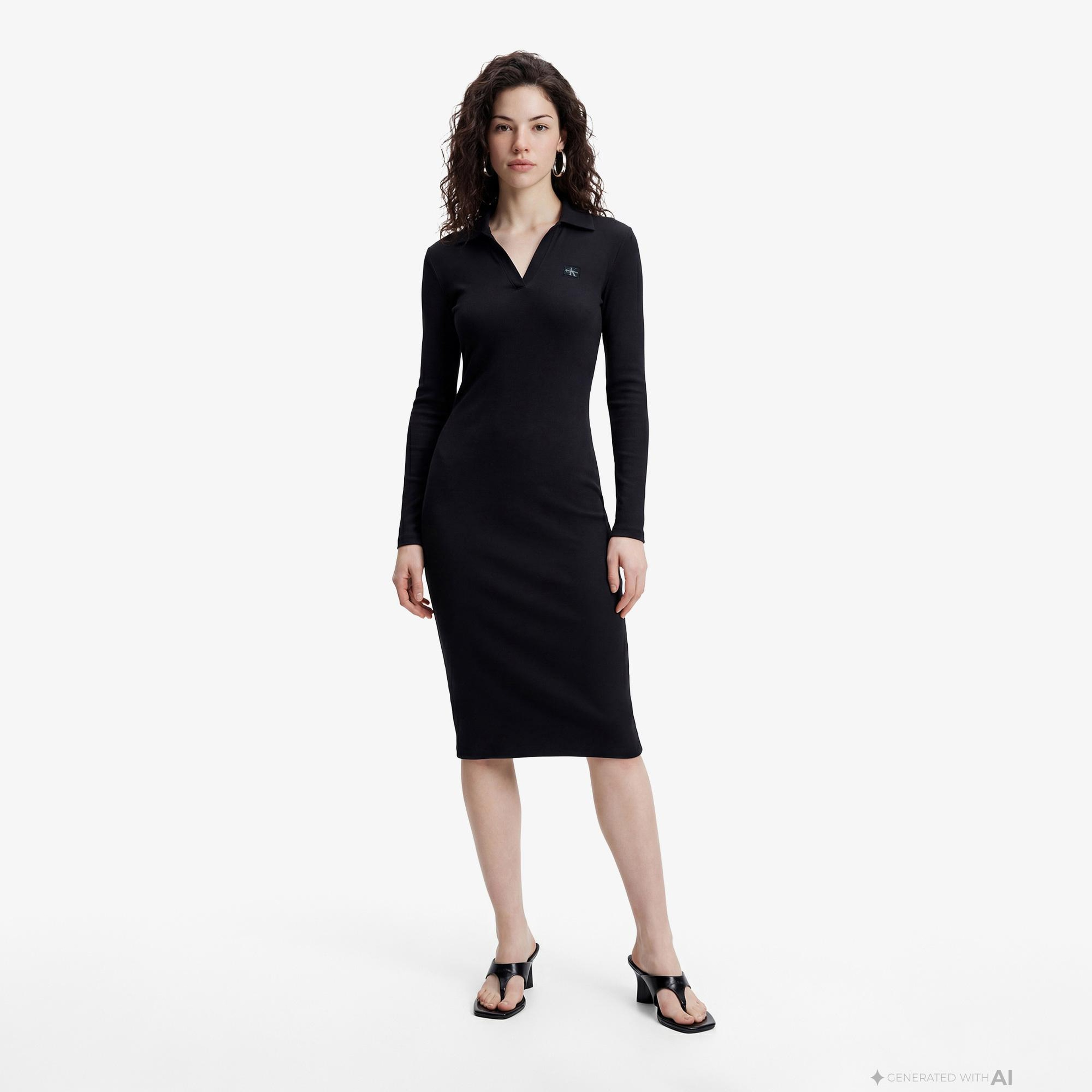 Calvin Klein Woven Label Johnny Collar Kadın Siyah Elbise