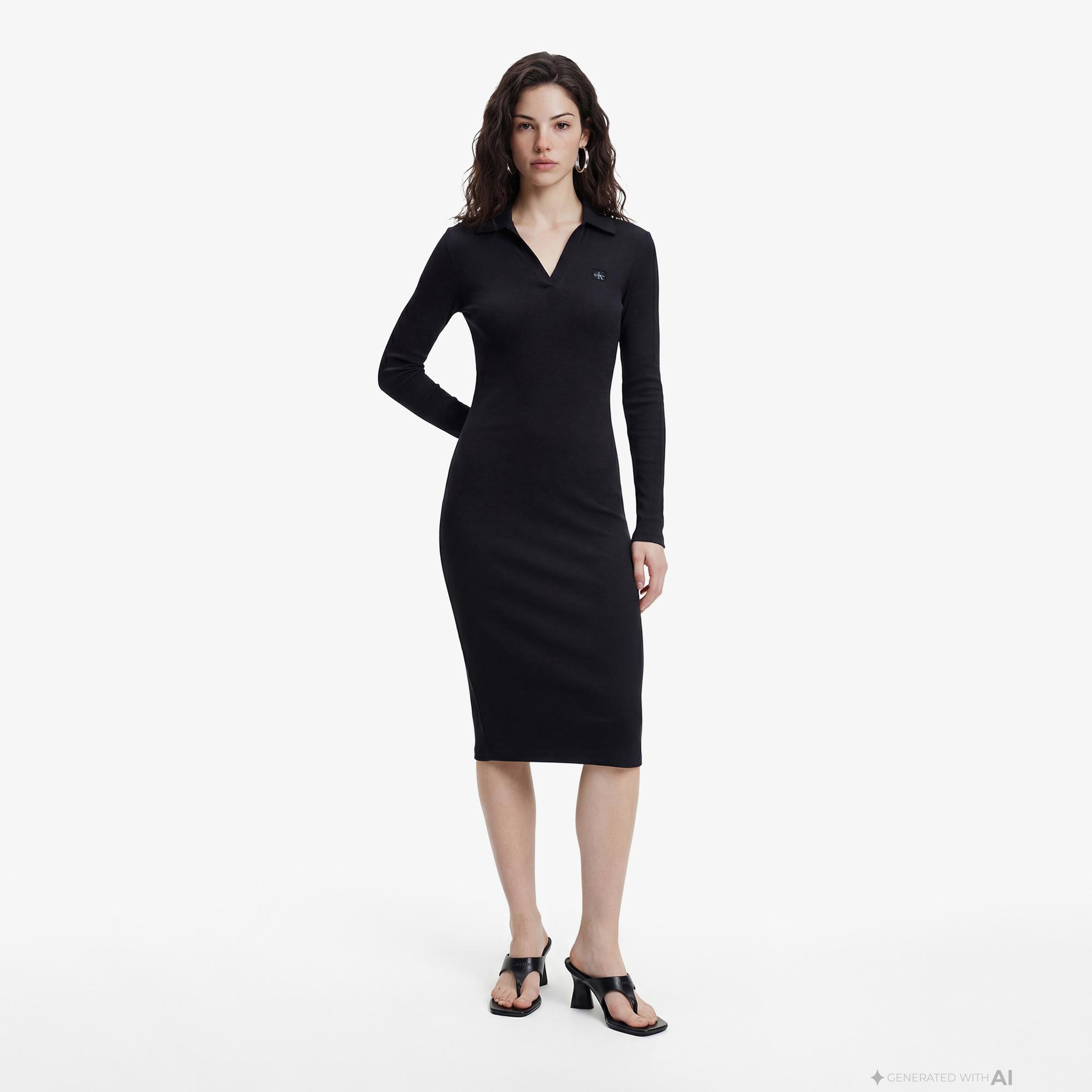 Calvin Klein Woven Label Johnny Collar Kadın Siyah Elbise