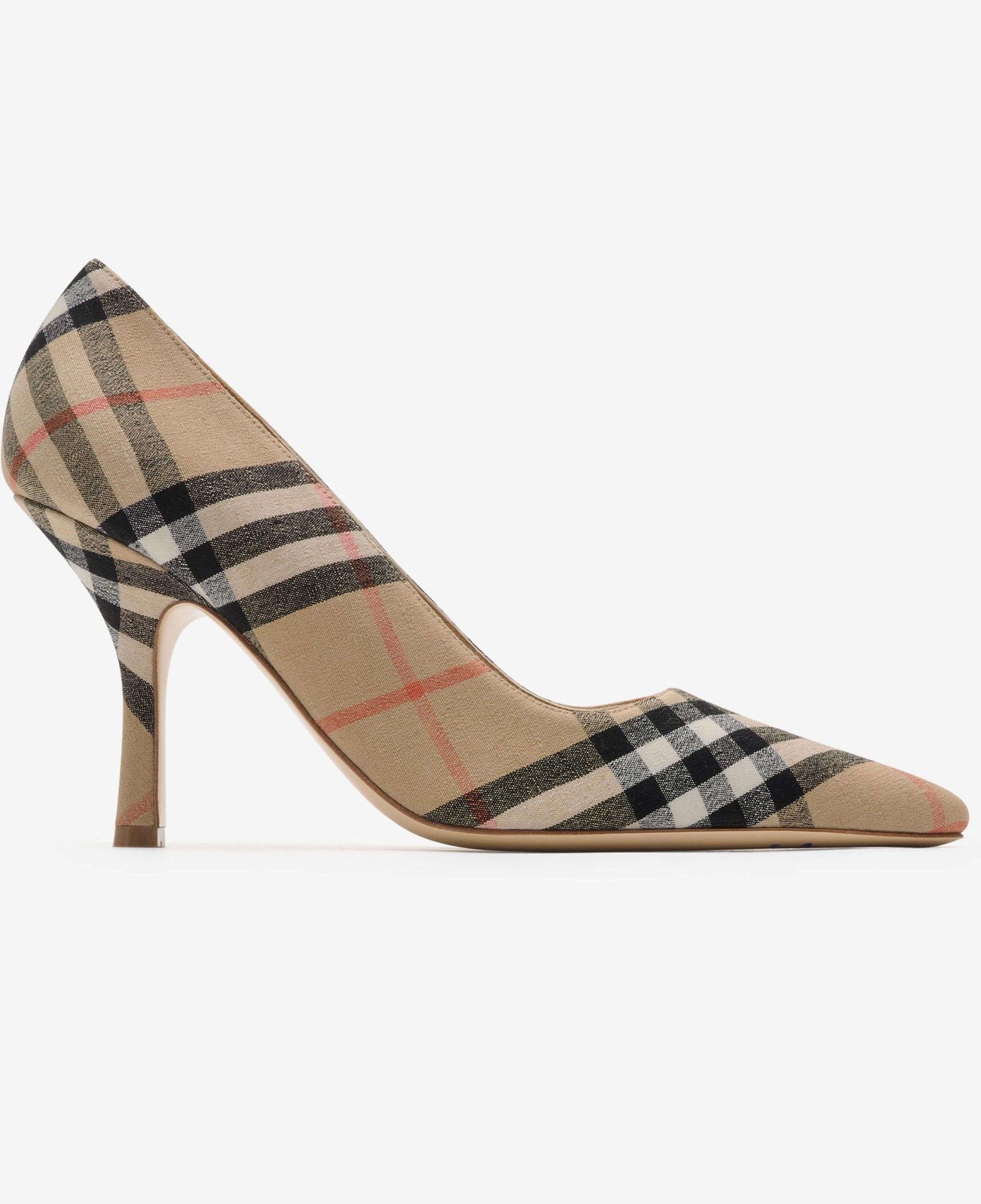 Burberry Dame Pump 90 Check Kadın Bej Keten Topuklu Ayakkabı