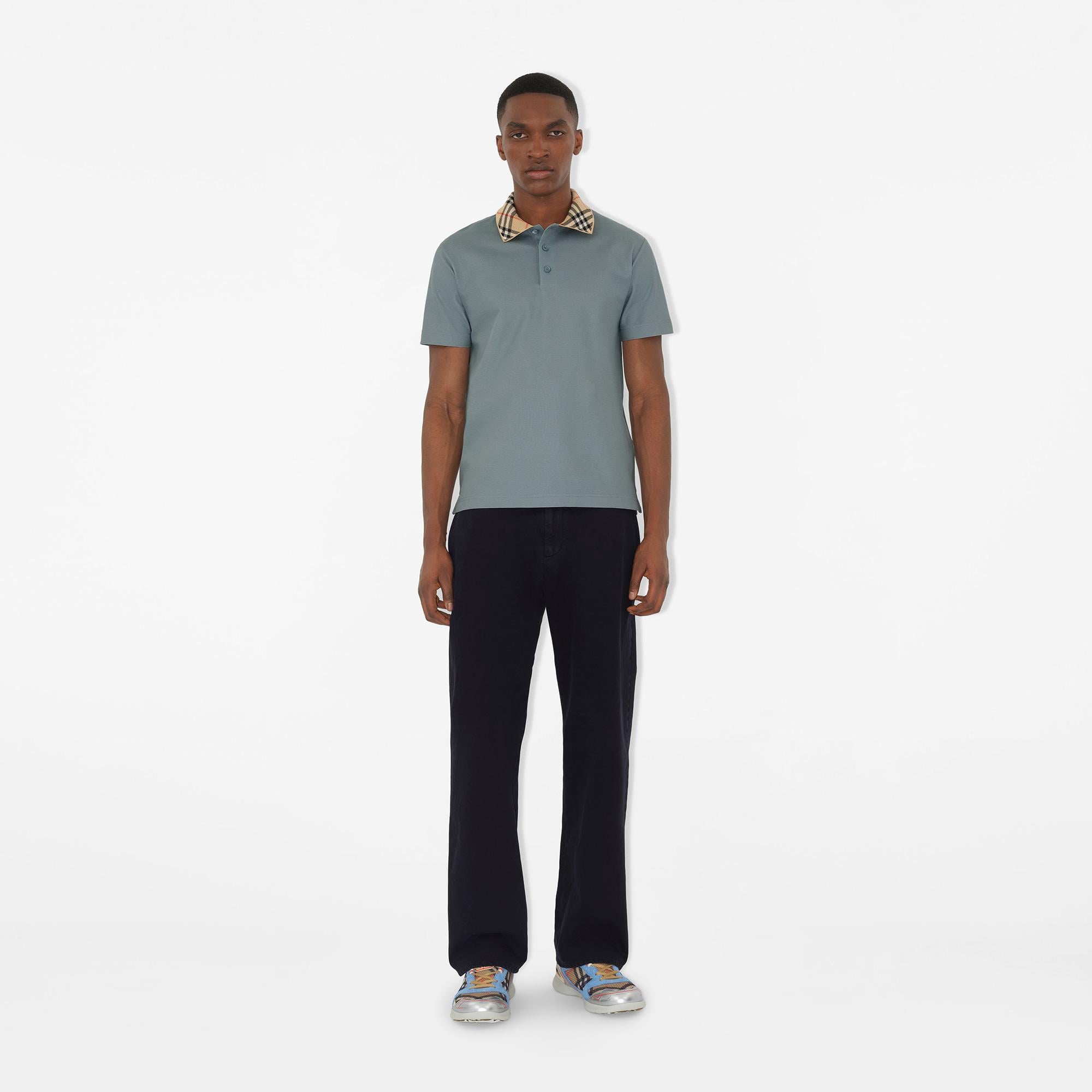 Burberry Check Collar Cotton Erkek Mavi Polo