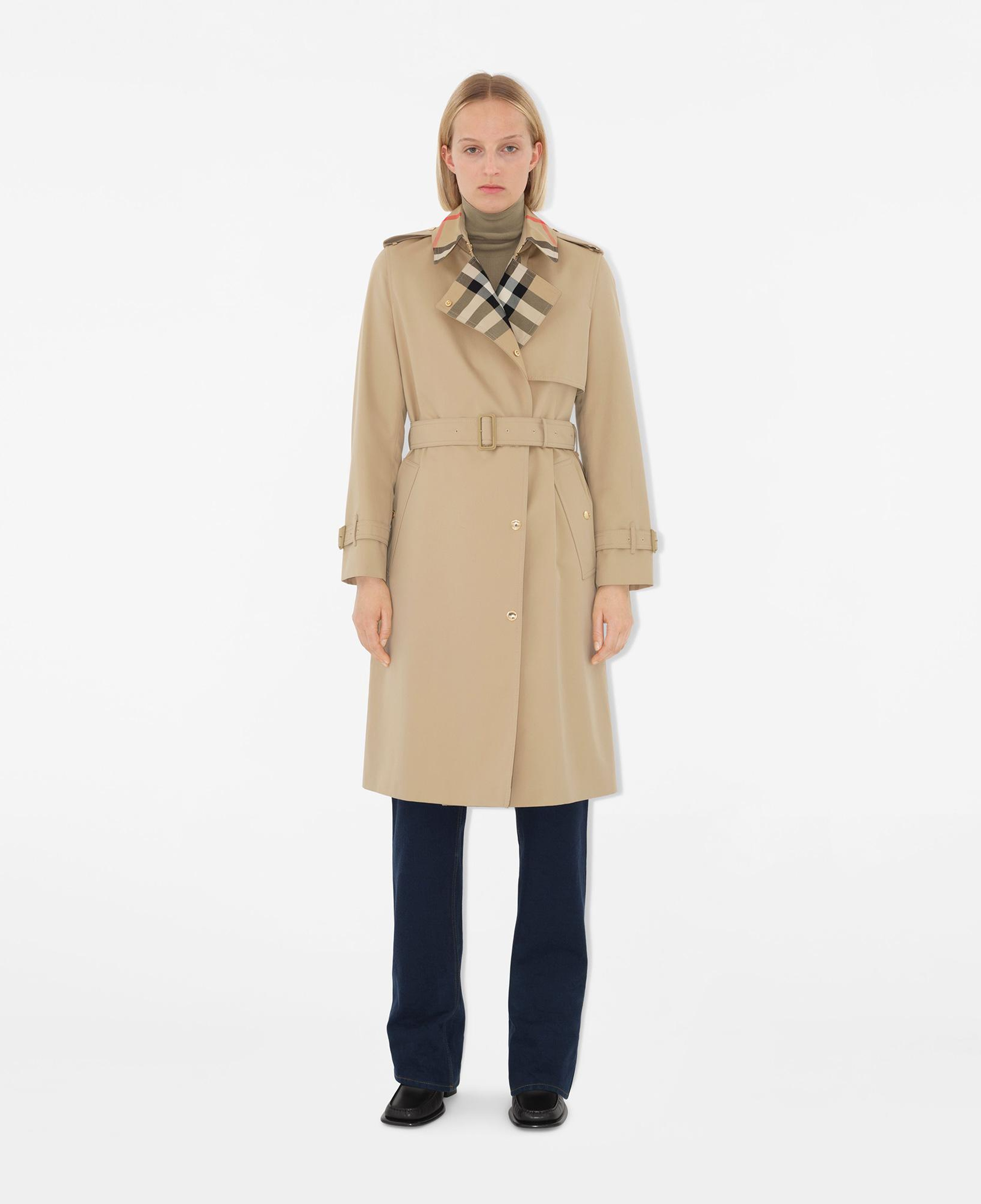 Burberry Sandridge Long Check Collar Gabardine Kadın Bej Pardesü