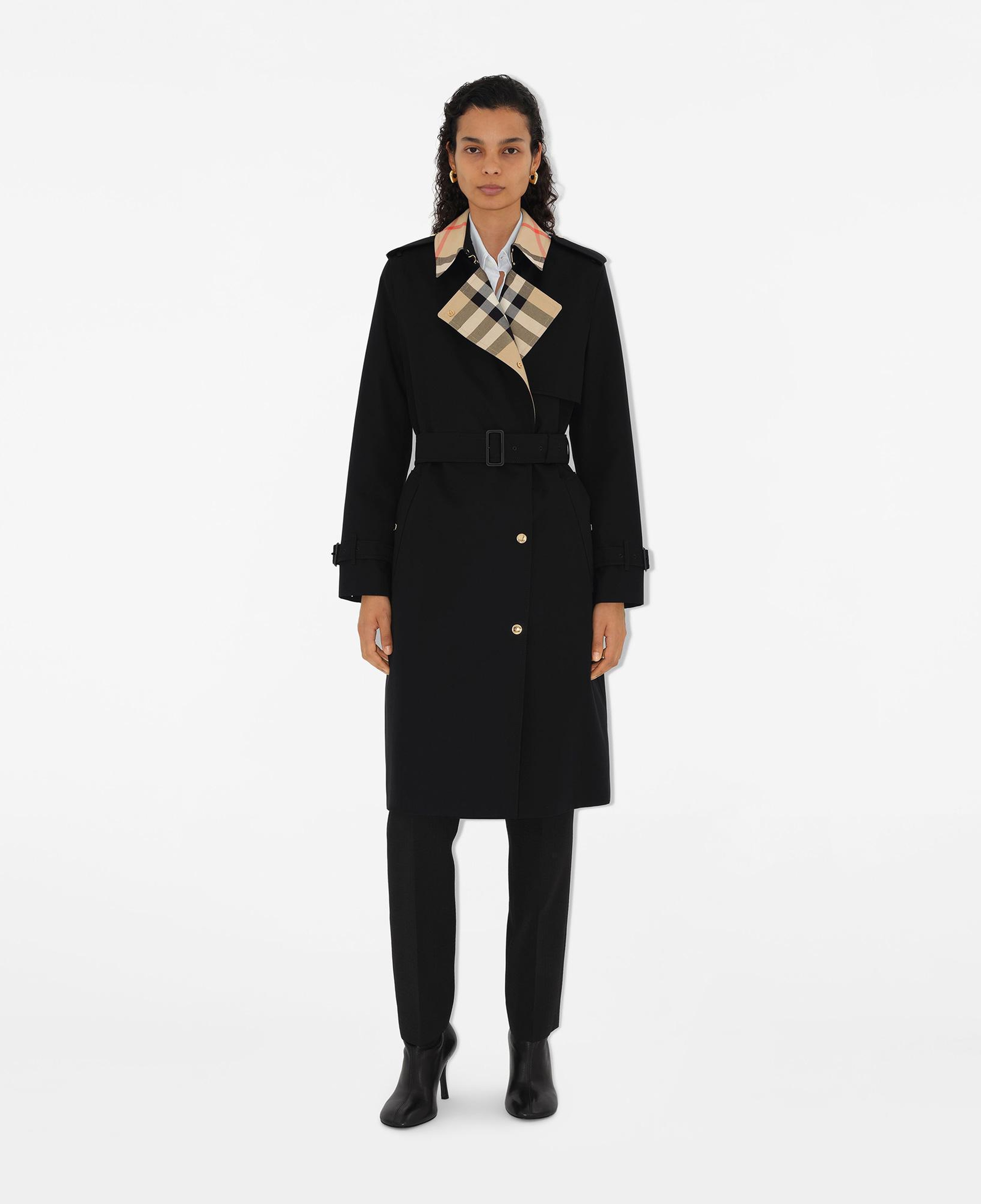 Burberry Sandridge Long Check Collar Gabardine Kadın Siyah Pardesü