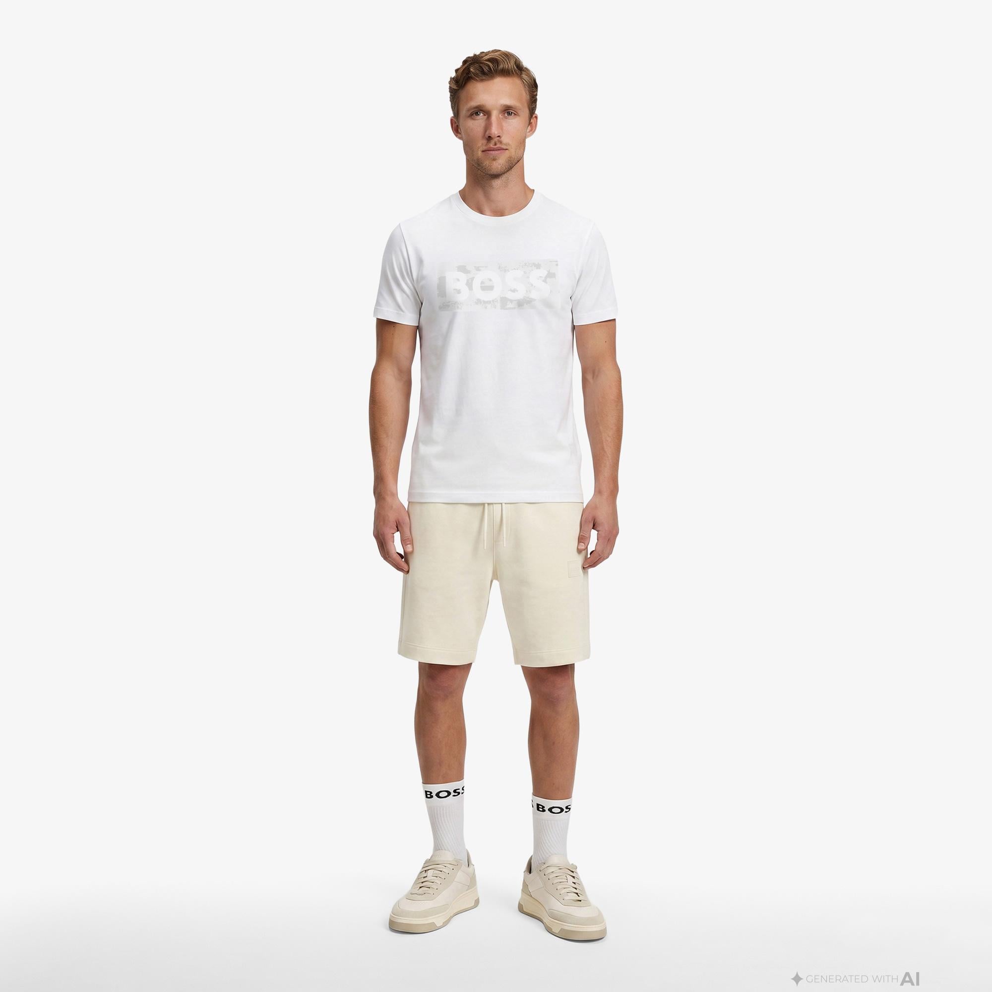 Boss Globe Logo Pattern Erkek Beyaz T-Shirt