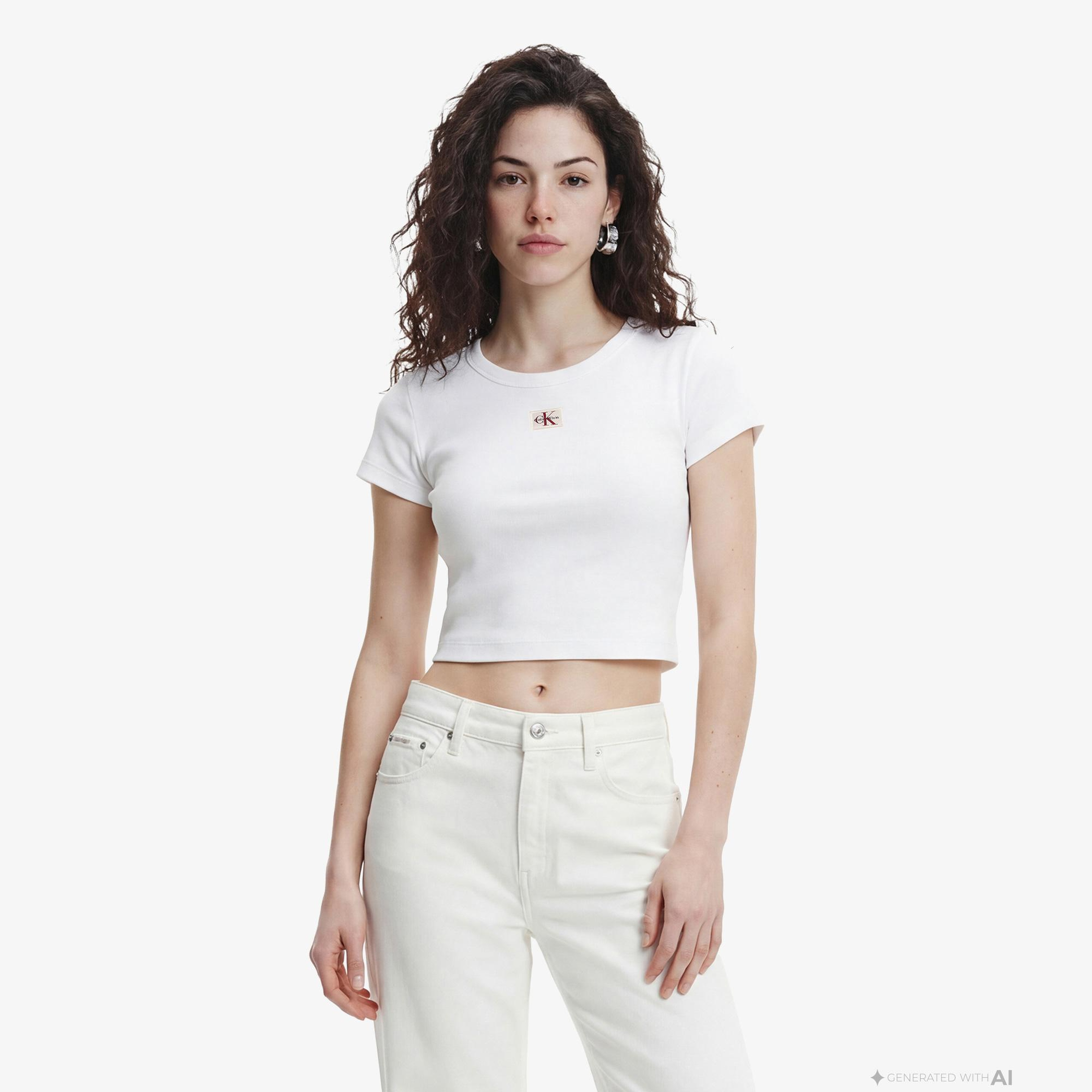 Calvin Klein Woven Label 2X2 Baby Rib Kadın Beyaz T-Shirt