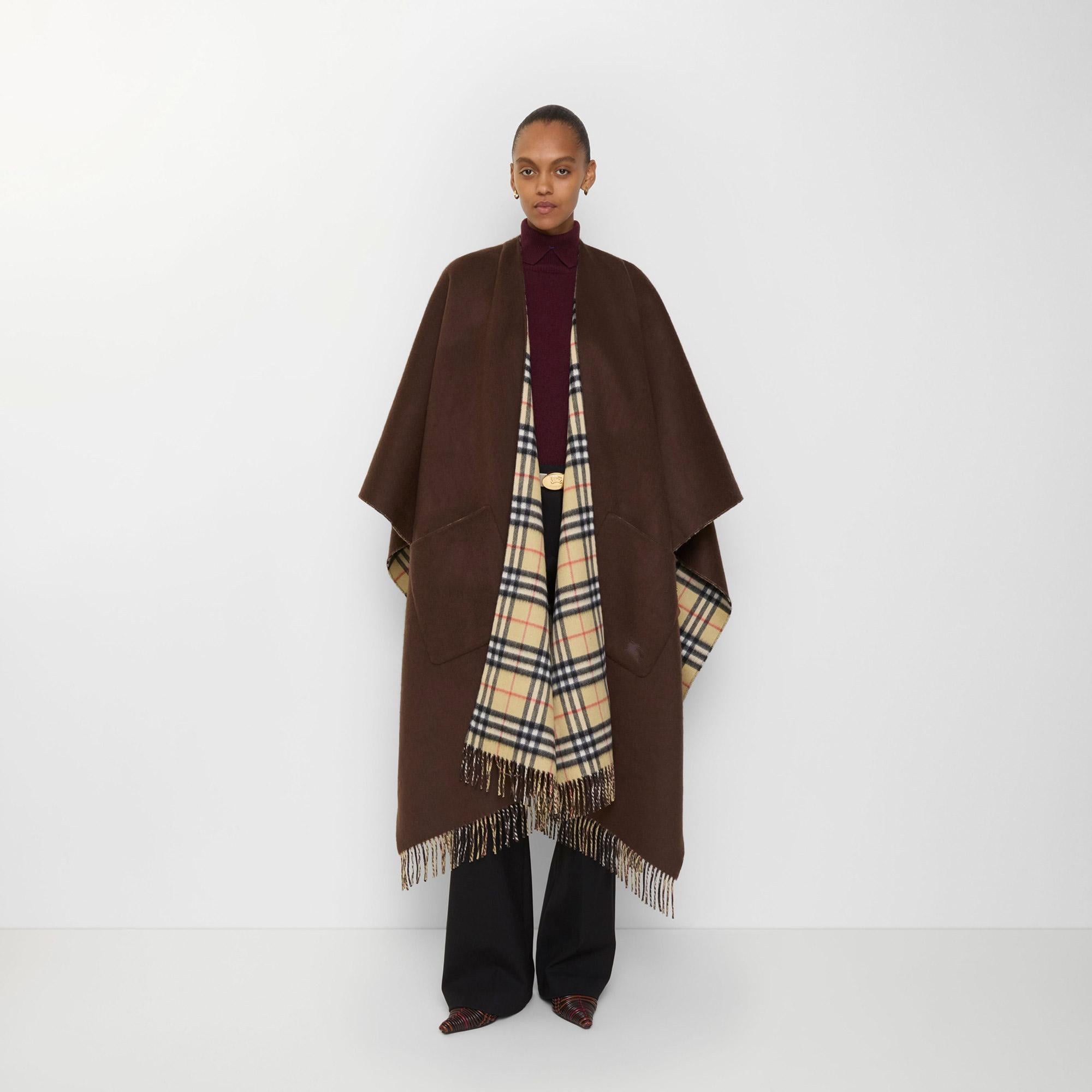 Burberry Reversible Check Wool Cashmere Cape Kadın Kahverengi Palto