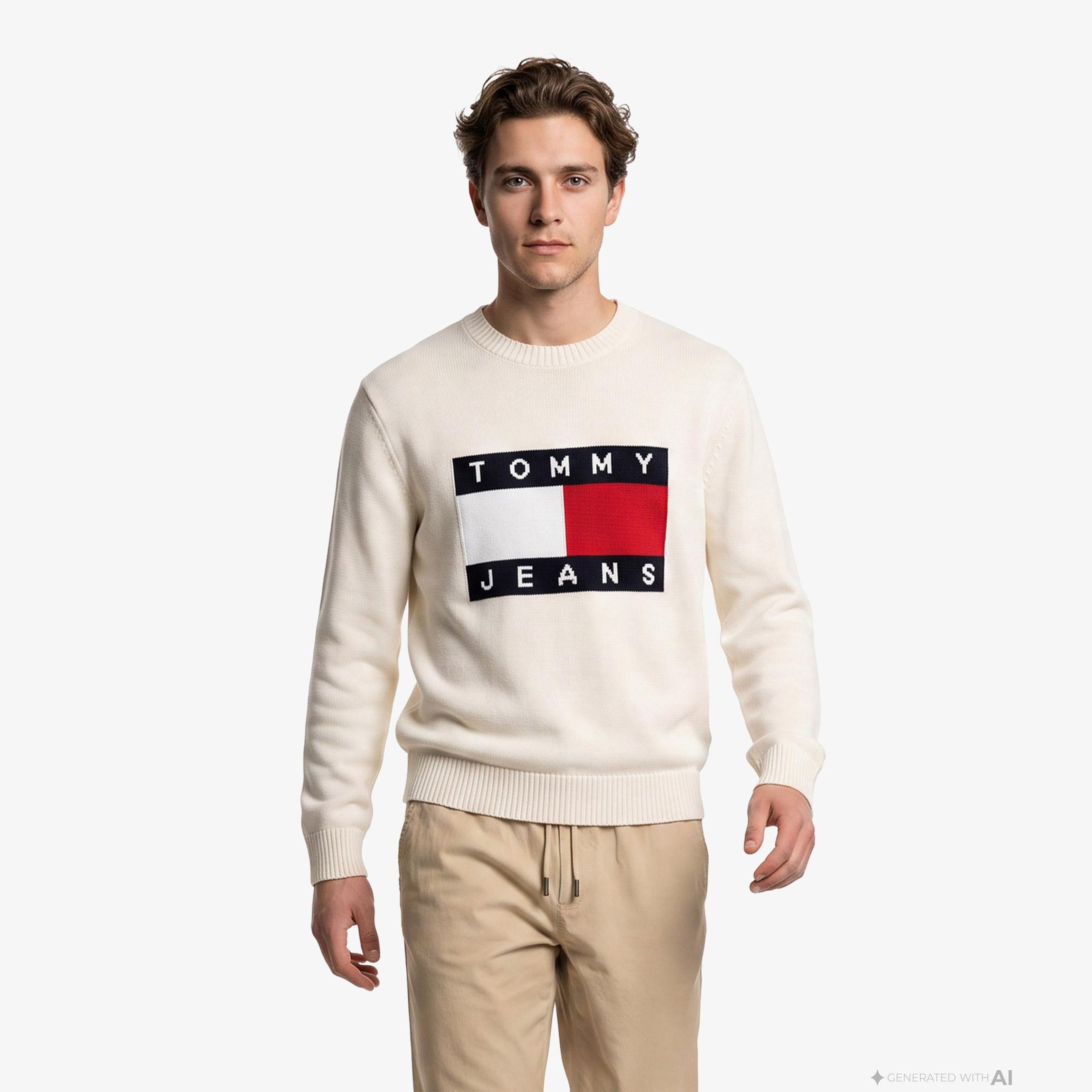 Tommy Hilfiger Flag Erkek Beyaz Triko