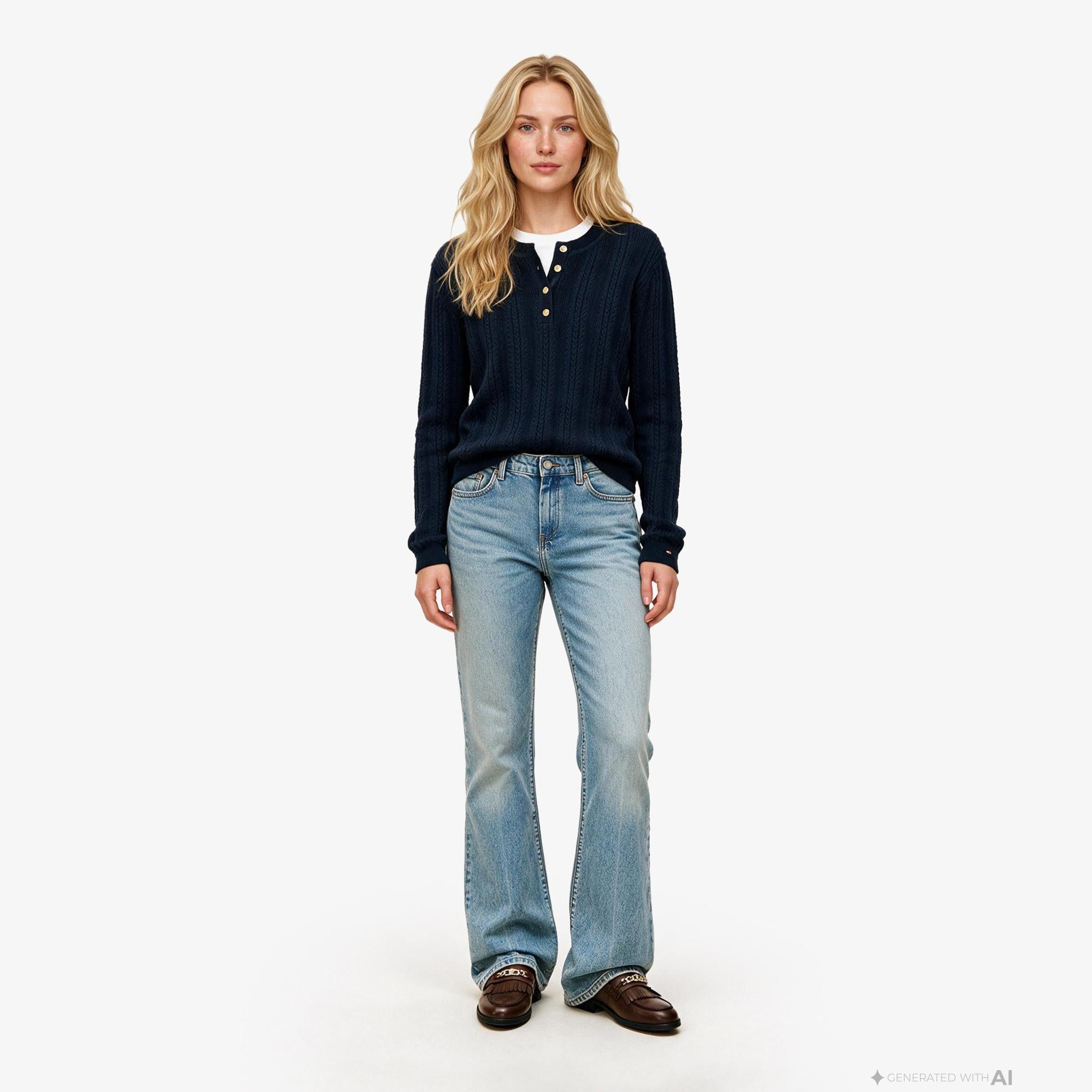 Tommy Hilfiger Mini Cable Pointelle Henley Kadın Lacivert Triko