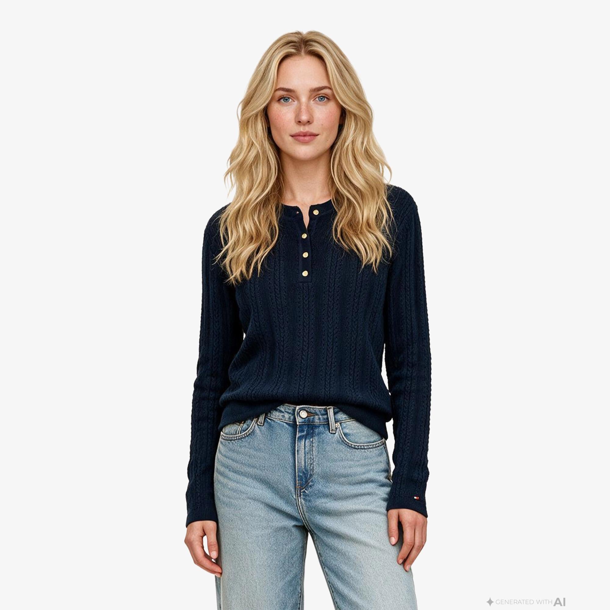 Tommy Hilfiger Mini Cable Pointelle Henley Kadın Lacivert Triko