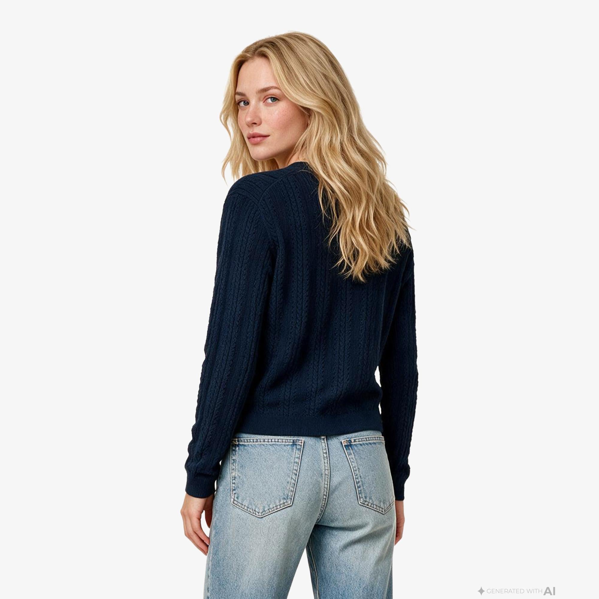 Tommy Hilfiger Mini Cable Pointelle Henley Kadın Lacivert Triko