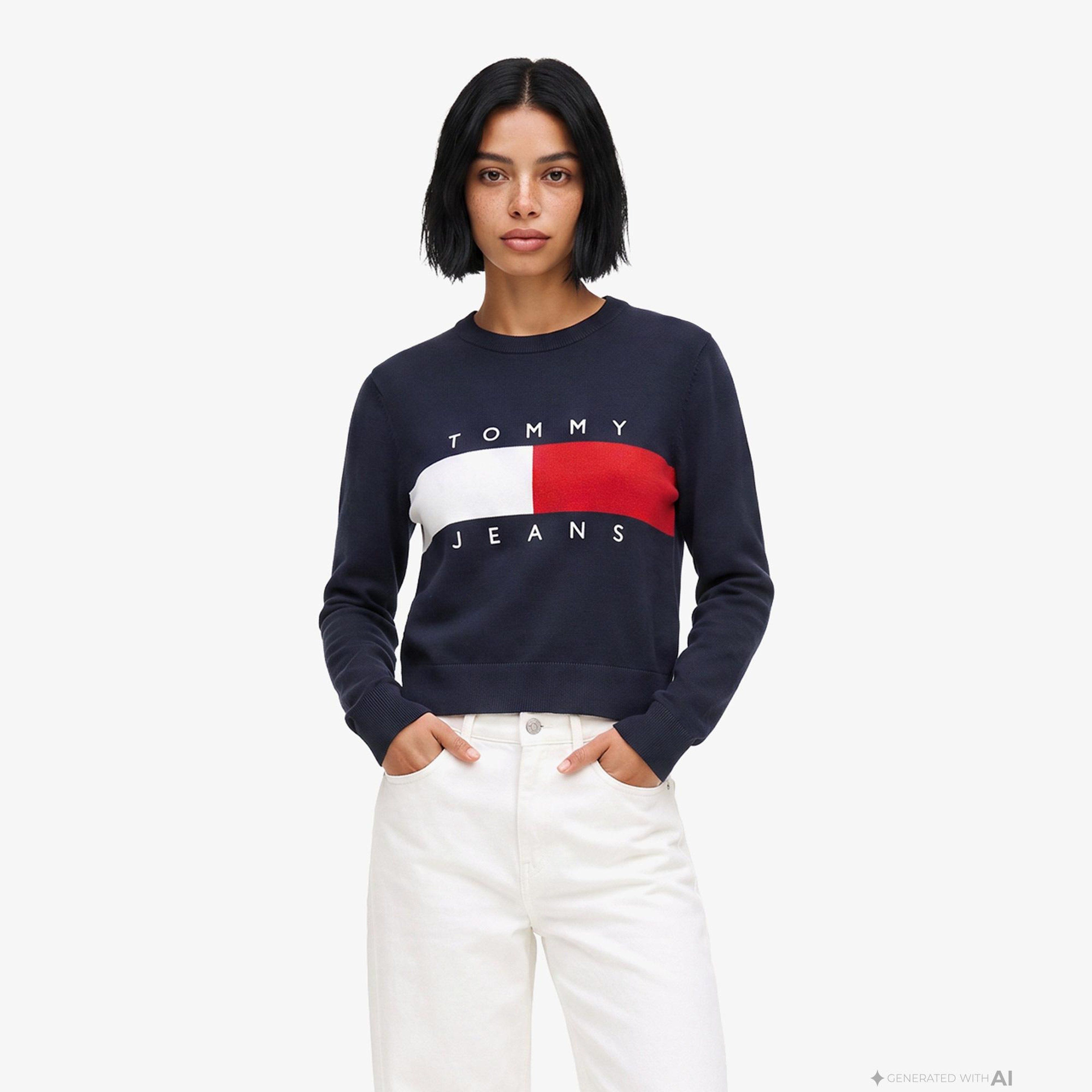Tommy Hilfiger Flag Crew Neck Kadın Lacivert Triko