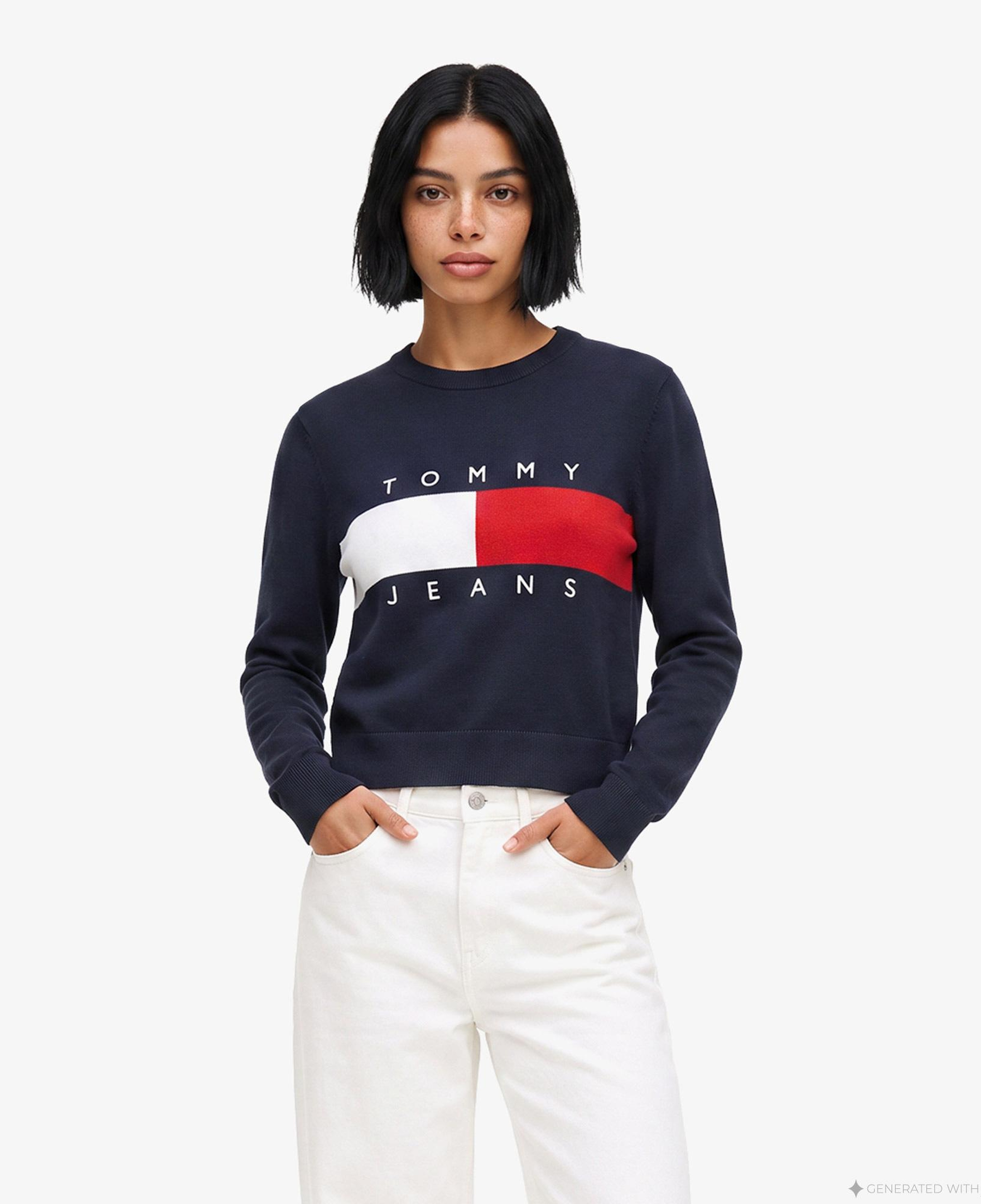 Tommy Hilfiger Flag Crew Neck Kadın Lacivert Triko