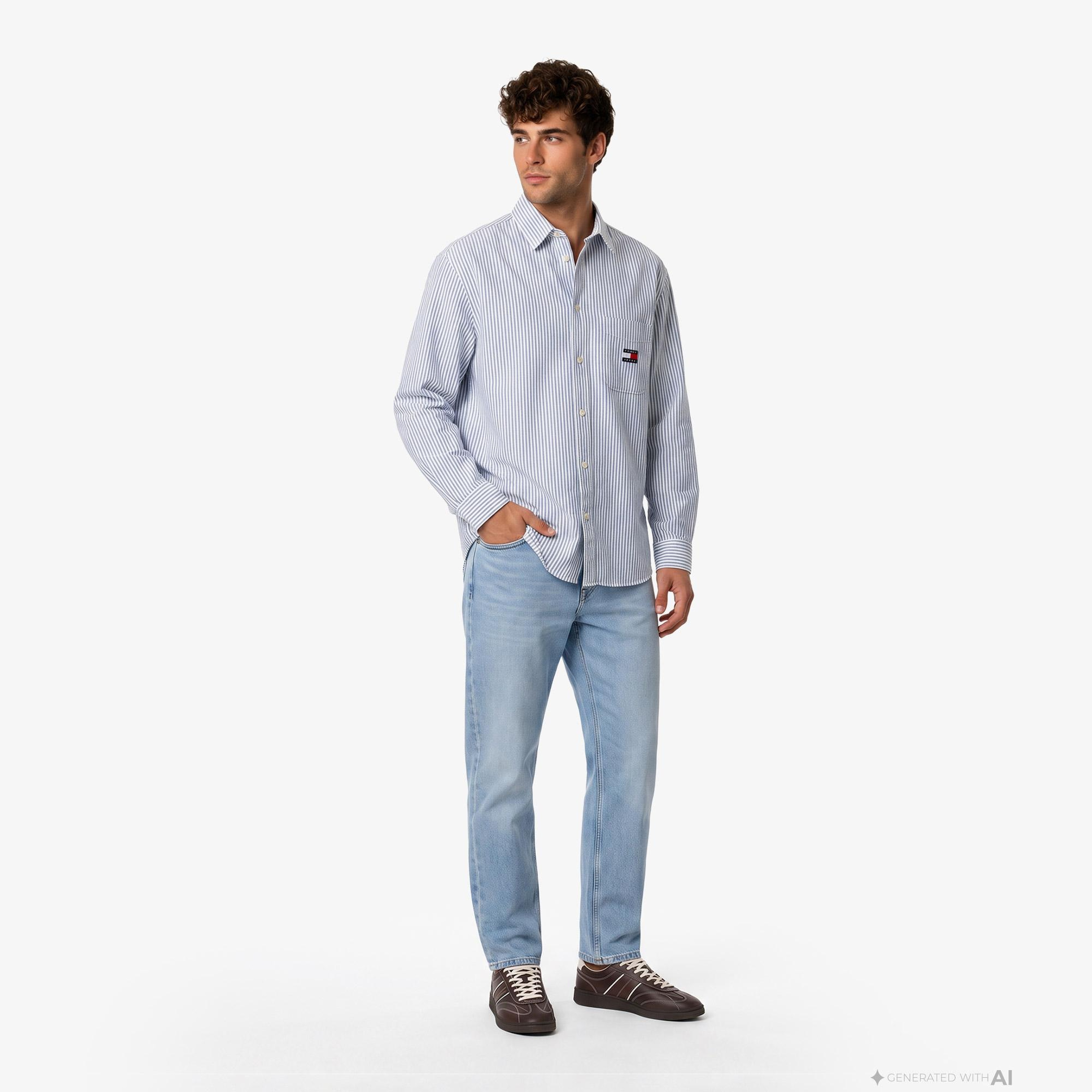 Tommy Hilfiger Oversize Stripe Oxford Erkek Mavi Gömlek