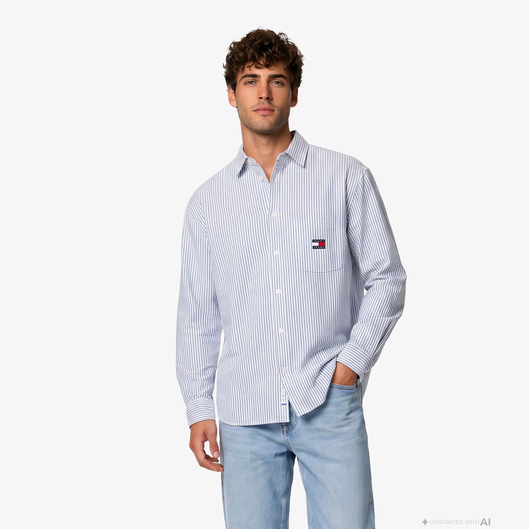 Tommy Hilfiger Oversize Stripe Oxford Erkek Mavi Gömlek