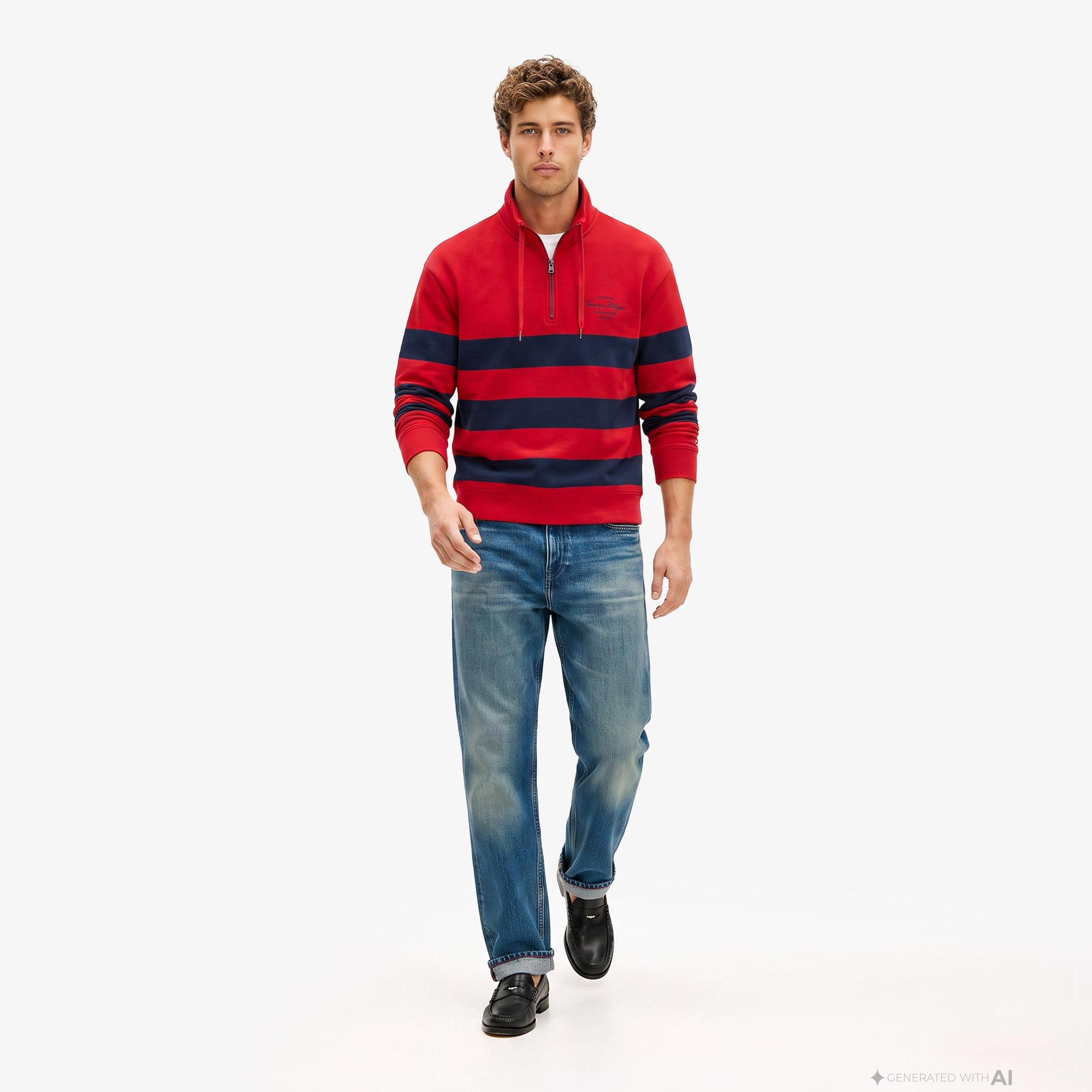 Tommy Hilfiger Nautical Block Stripe 1/4 Zip Erkek Kırmızı Sweatshirt