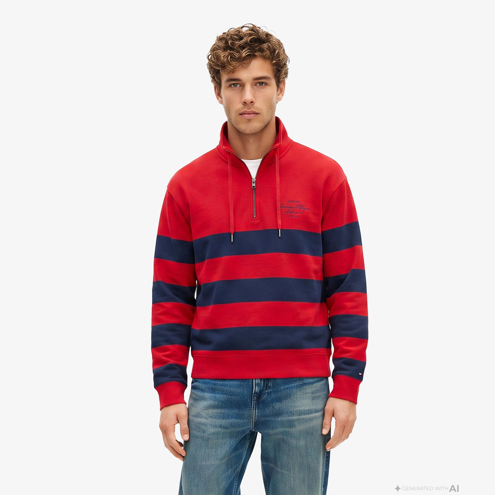 Tommy Hilfiger Nautical Block Stripe 1/4 Zip Erkek Kırmızı Sweatshirt